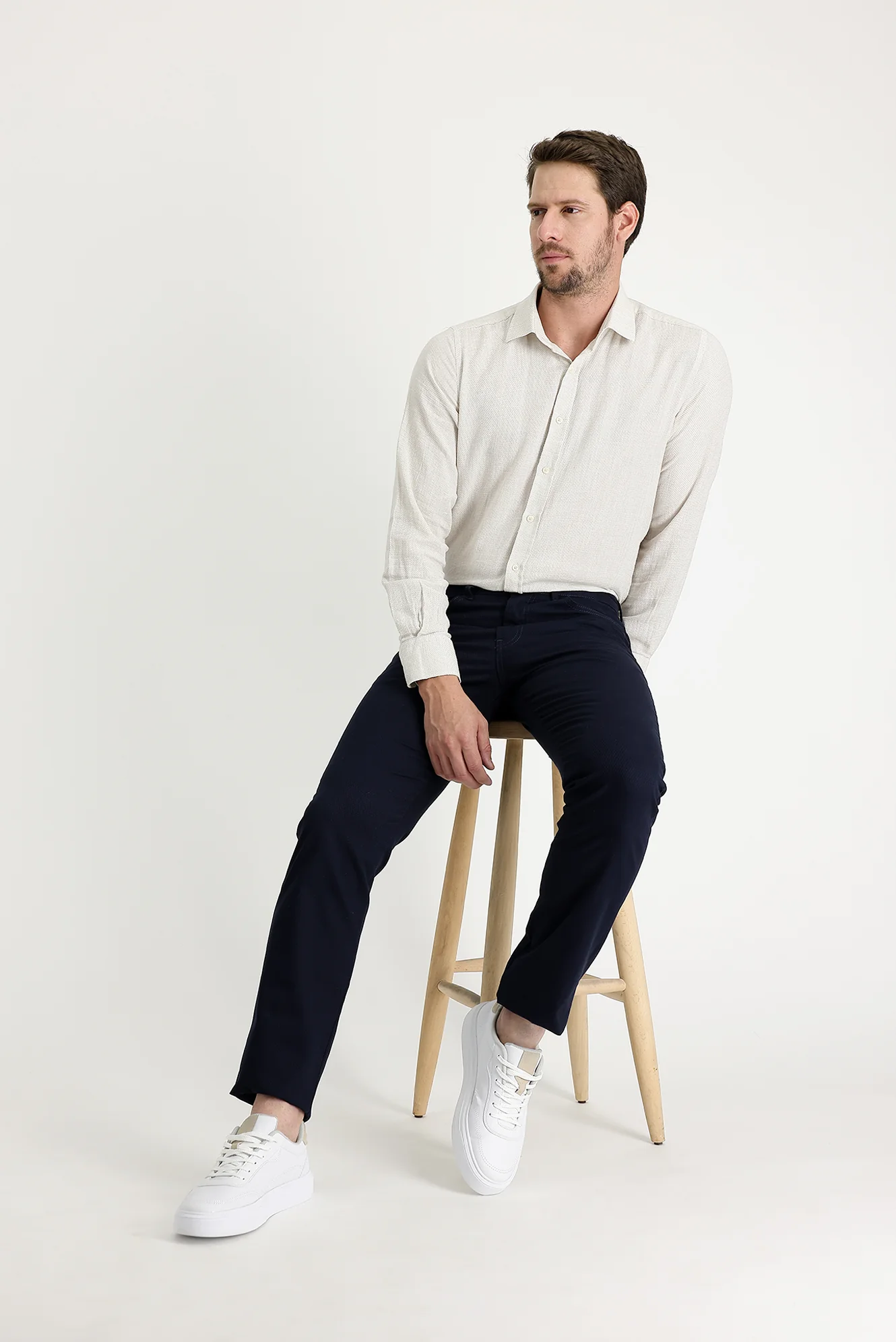 Koyu Lacivert Relaxed Fit Rahat Kesim Desenli Likralı Kanvas / Chino Pantolon