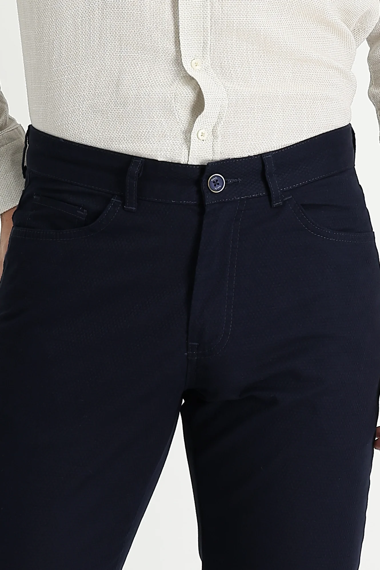 Koyu Lacivert Relaxed Fit Rahat Kesim Desenli Likralı Kanvas / Chino Pantolon - Image 4