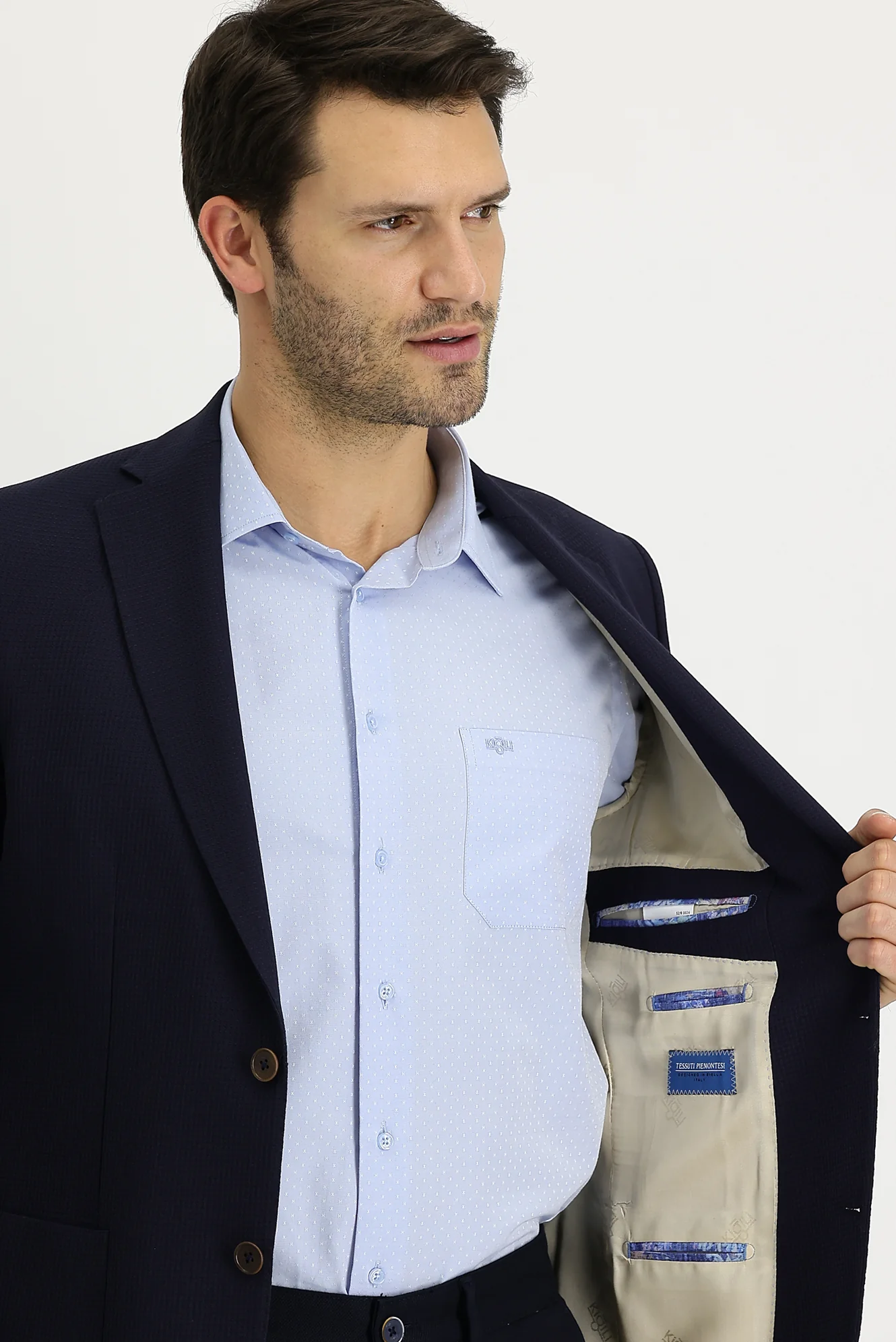 Koyu Lacivert 4 Drop Relaxed Fit Rahat Kesim Desenli Yünlü Ceket - Image 3