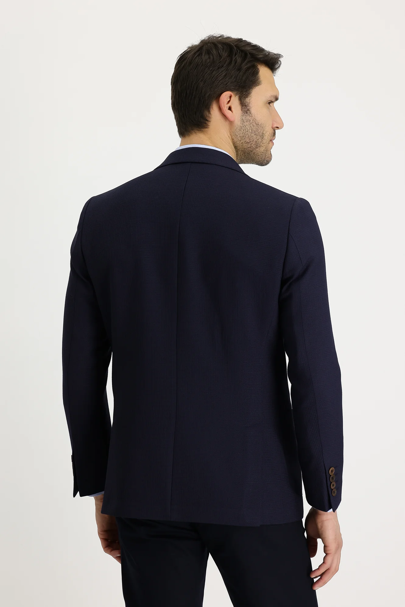 Koyu Lacivert 4 Drop Relaxed Fit Rahat Kesim Desenli Yünlü Ceket - Image 4