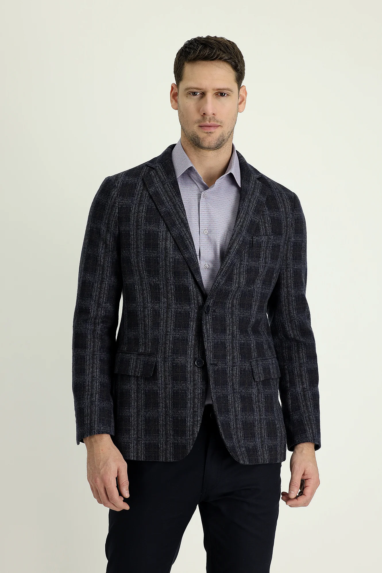 Koyu Lacivert 4 Drop Relaxed Fit Rahat Kesim Ekose Ceket - Image 2