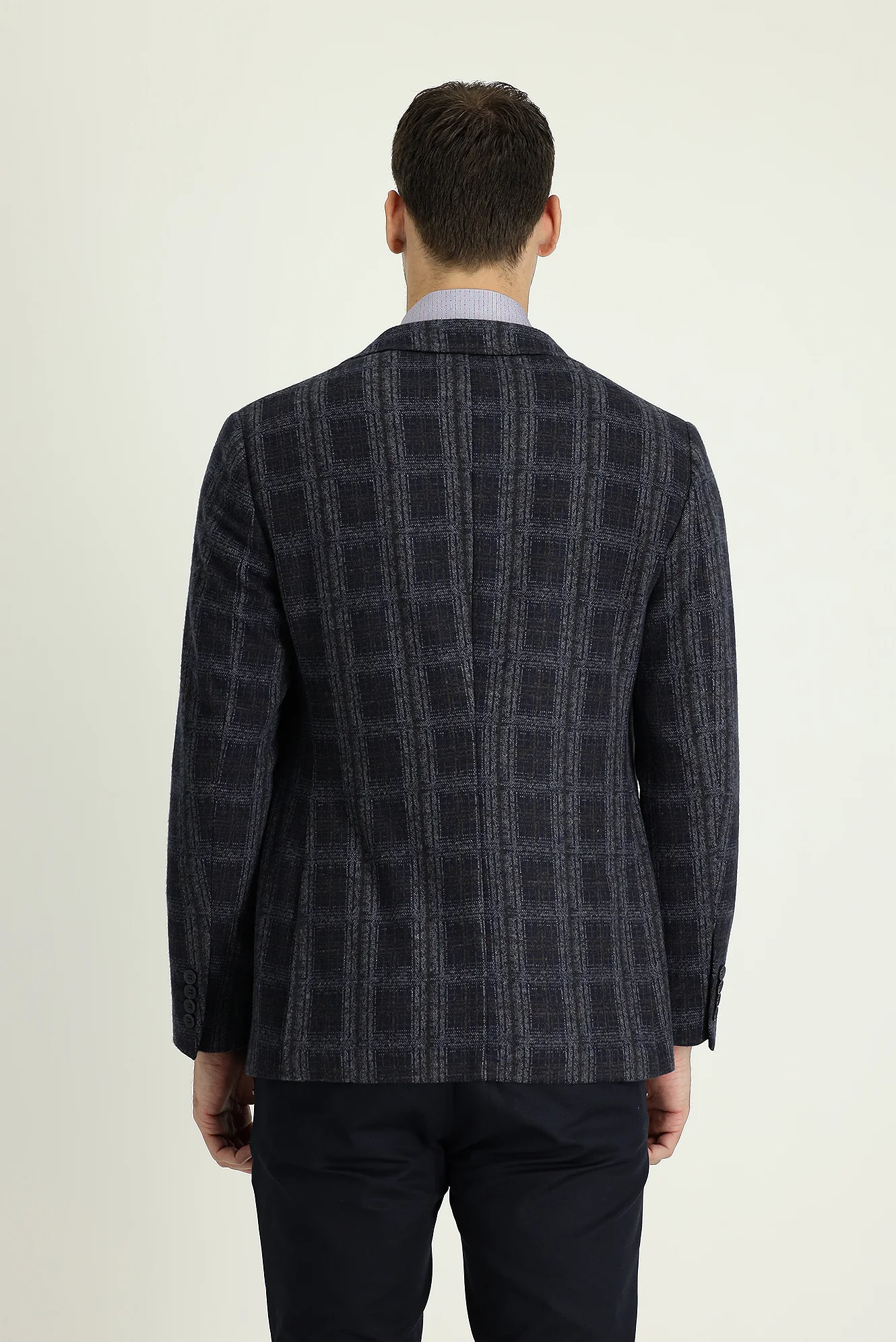 Koyu Lacivert 4 Drop Relaxed Fit Rahat Kesim Ekose Ceket - Image 3