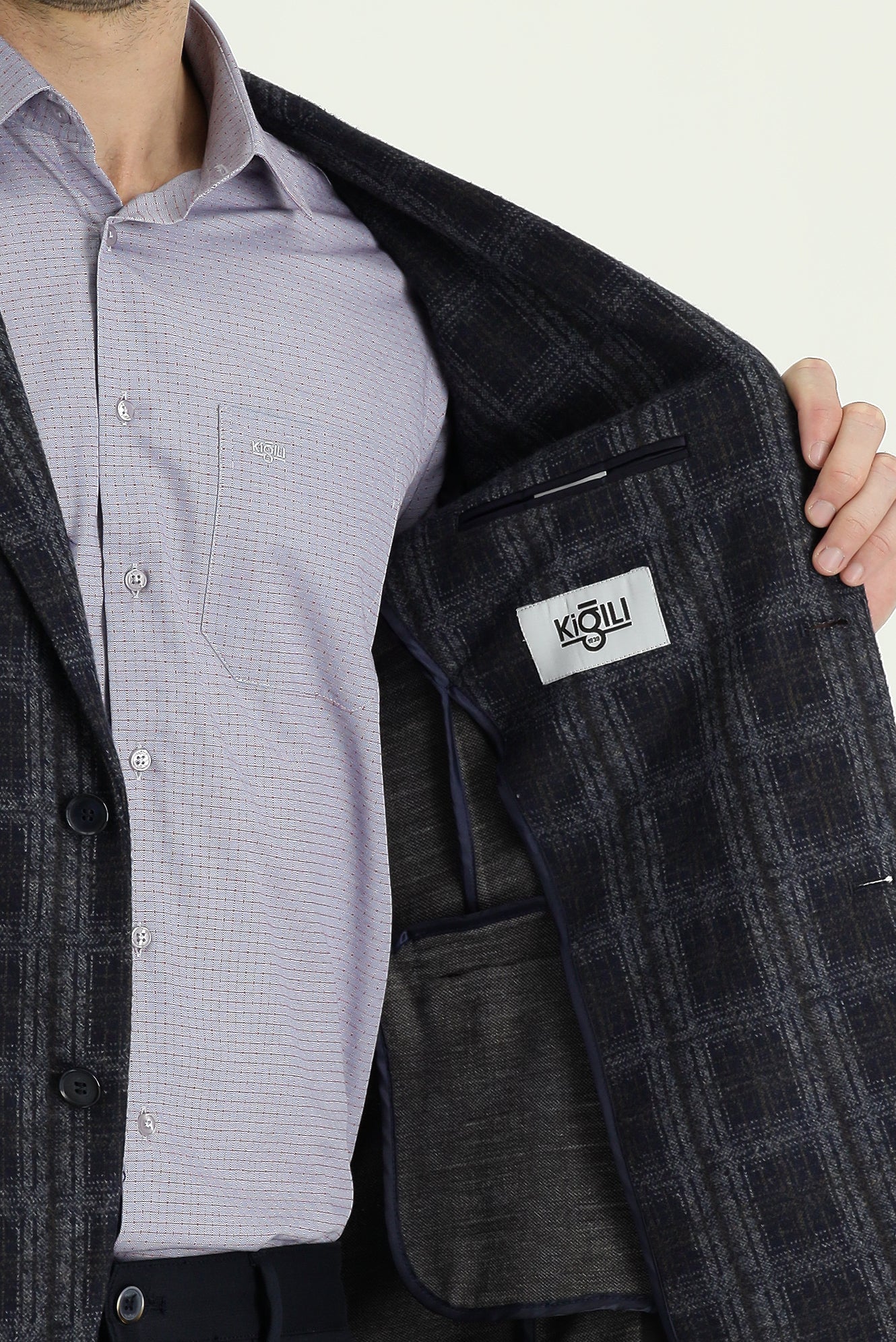 Koyu Lacivert 4 Drop Relaxed Fit Rahat Kesim Ekose Ceket - Image 4