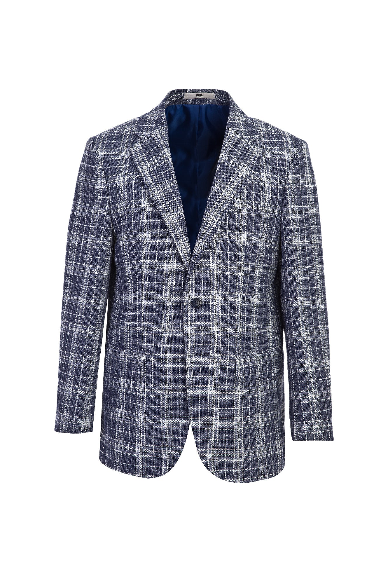 Koyu Lacivert 4 Drop Relaxed Fit Rahat Kesim Ekose Keten Karışımlı Ceket