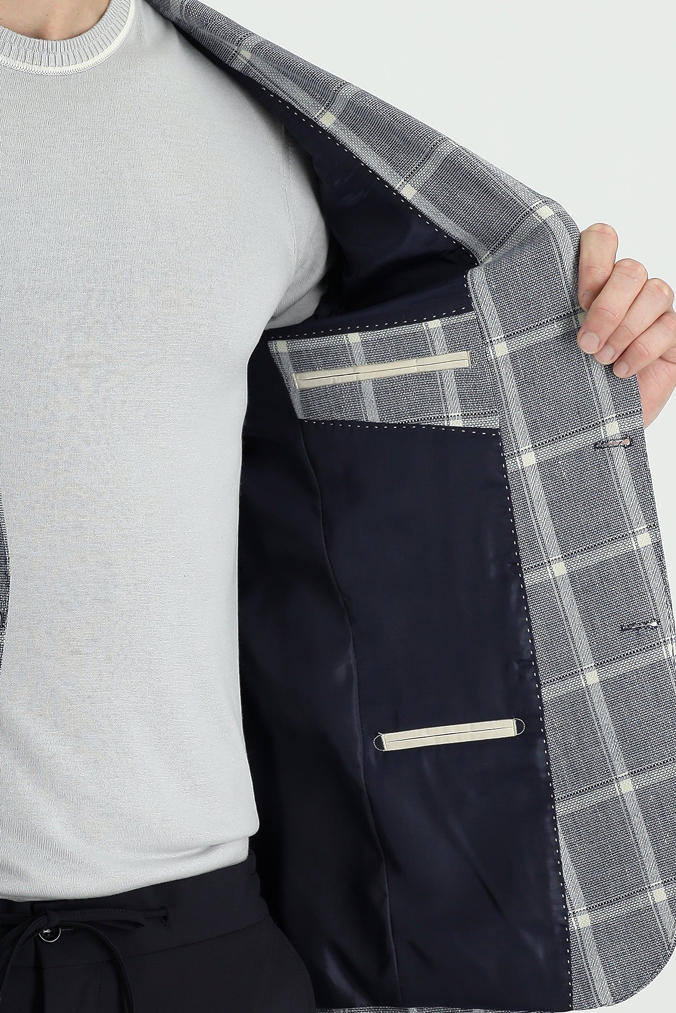 Koyu Lacivert 4 Drop Relaxed Fit Rahat Kesim Ekose Keten Karışımlı Ceket - Image 4