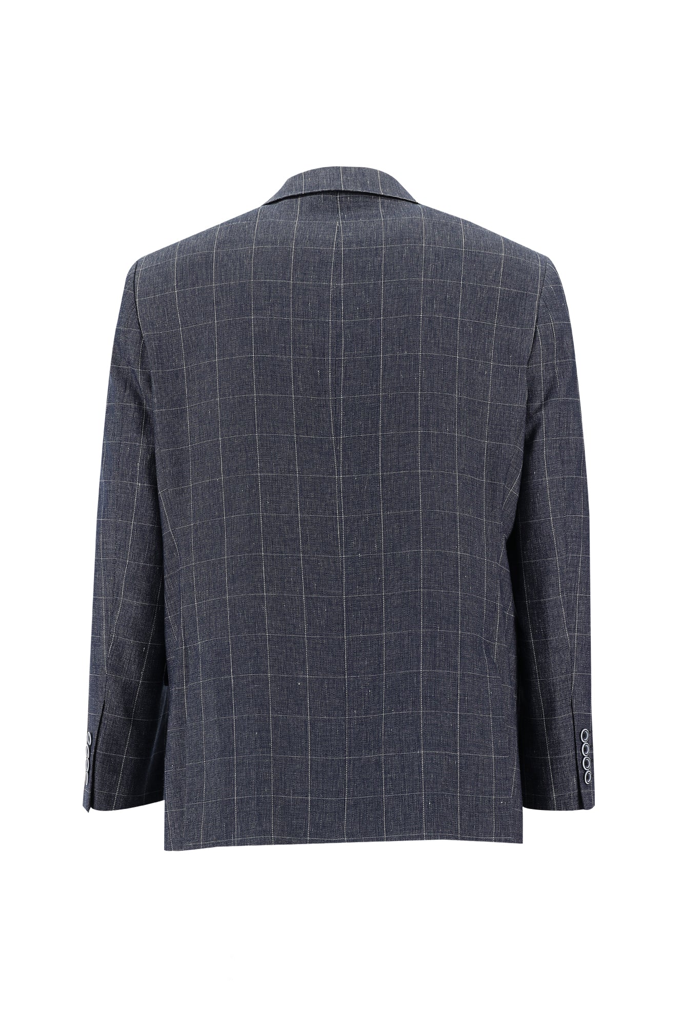 Koyu Lacivert 4 Drop Relaxed Fit Rahat Kesim Kareli Keten Karışımlı Ceket - Image 2