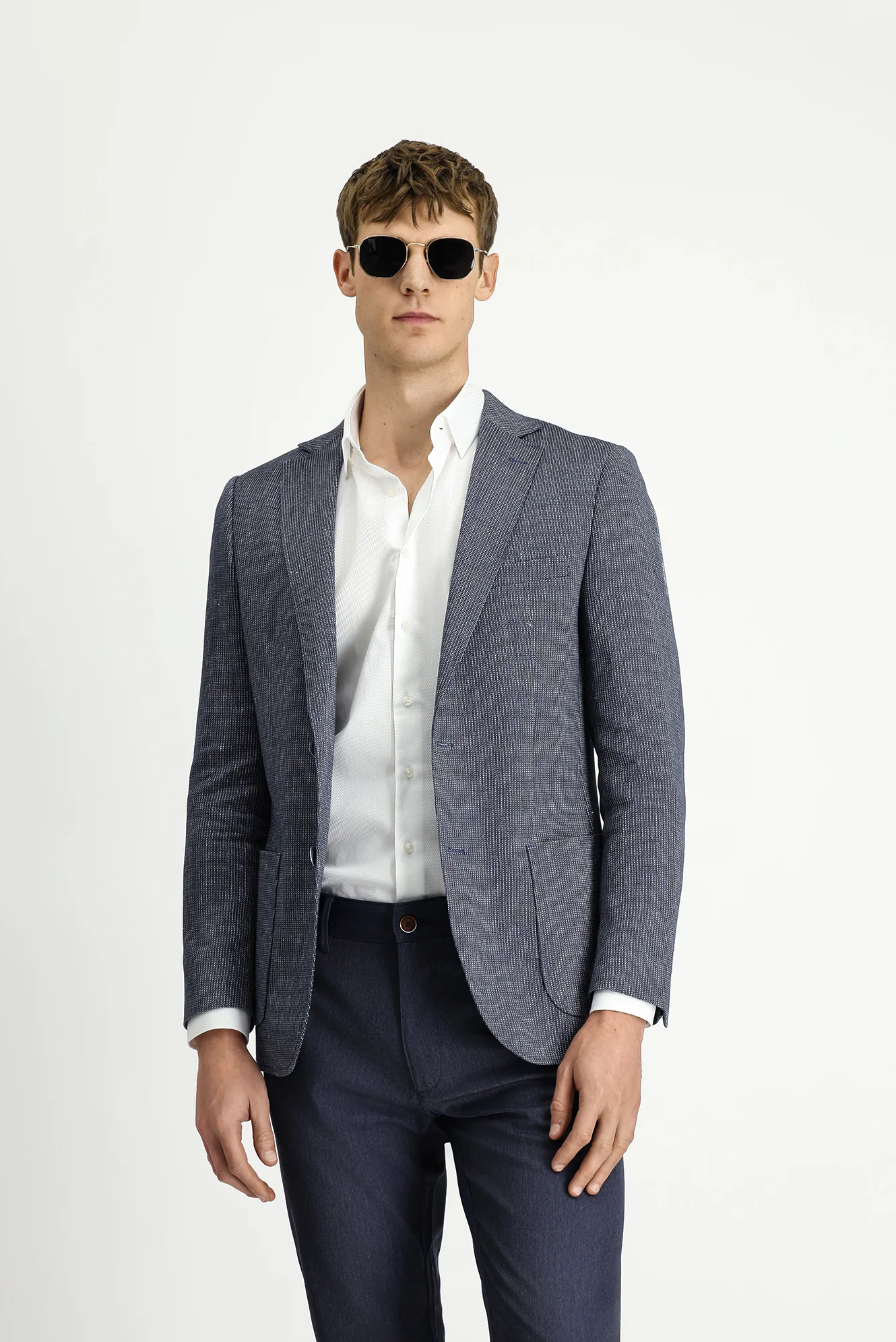 Koyu Lacivert 4 Drop Relaxed Fit Rahat Kesim Keten Karışımlı Çizgili Spor Ceket