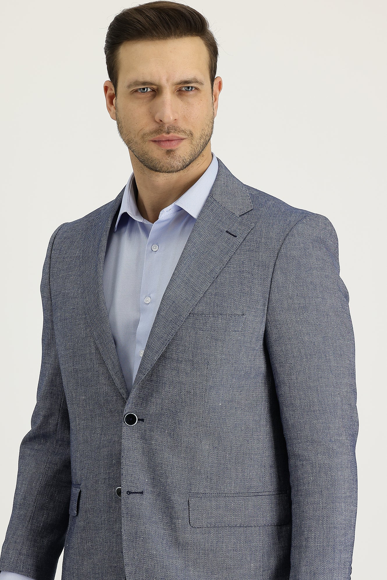 Koyu Lacivert 4 Drop Relaxed Fit Rahat Kesim Klasik Desenli Keten Ceket - Image 2