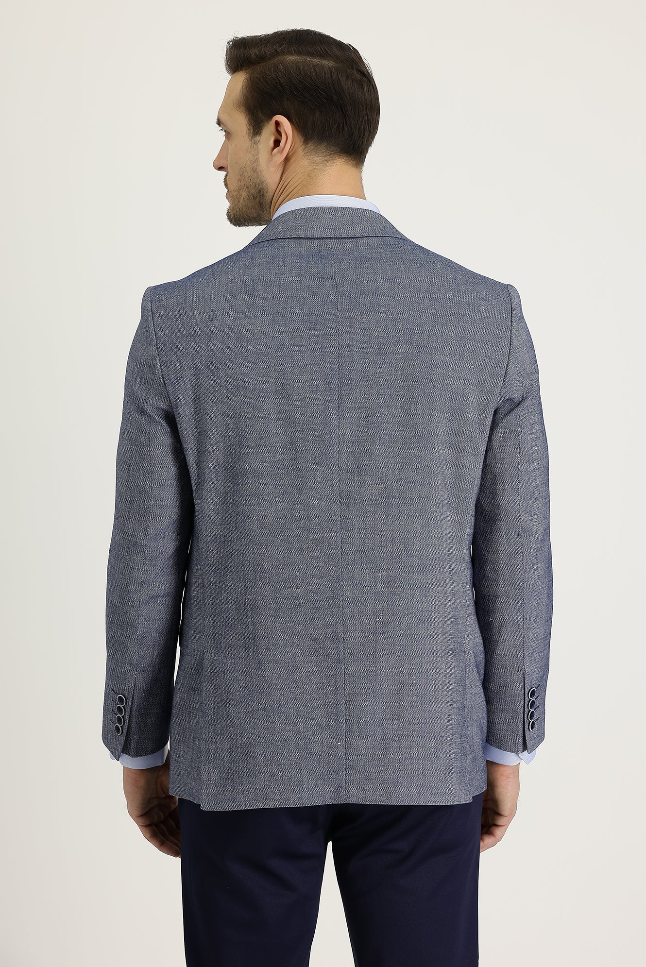 Koyu Lacivert 4 Drop Relaxed Fit Rahat Kesim Klasik Desenli Keten Ceket - Image 3