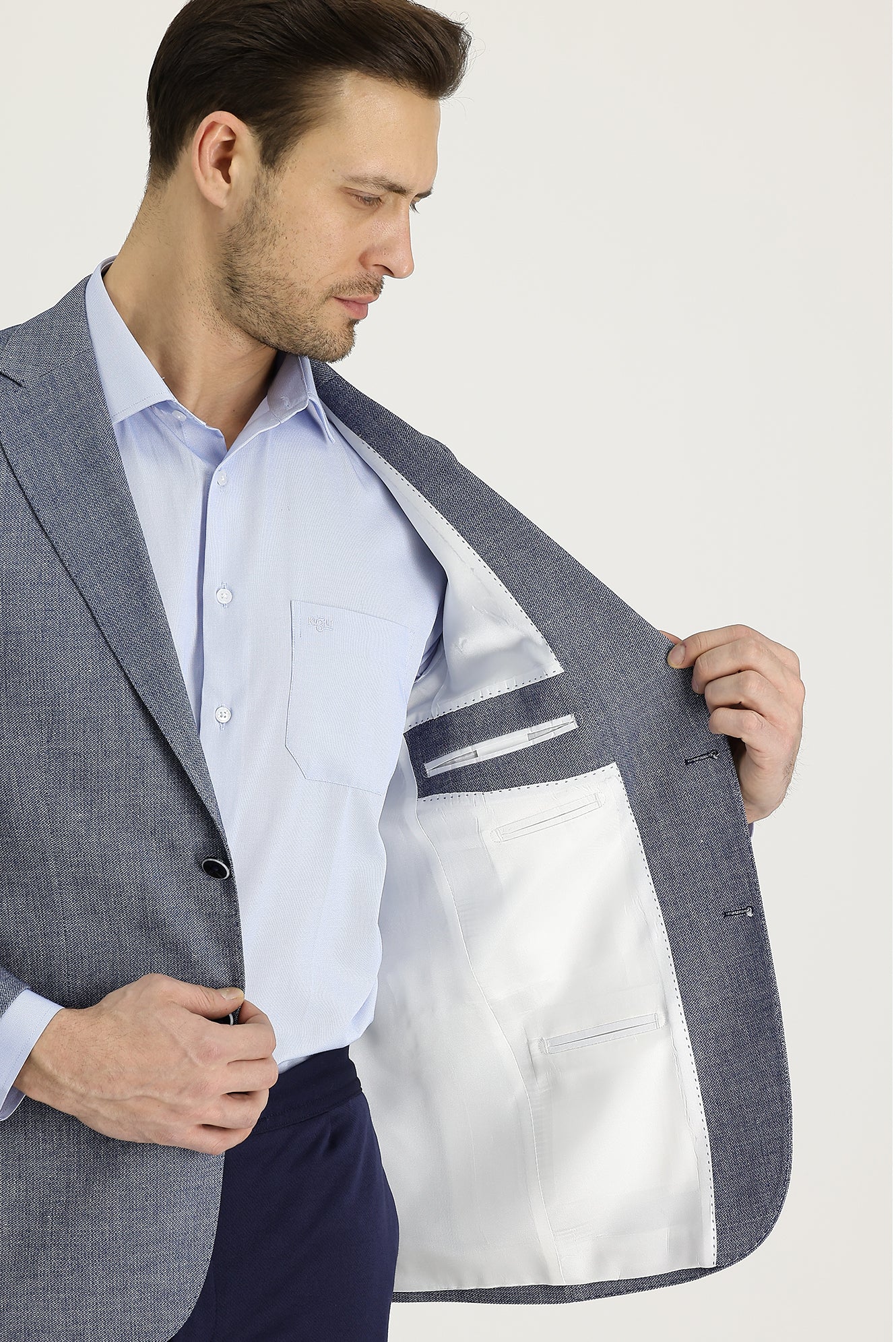 Koyu Lacivert 4 Drop Relaxed Fit Rahat Kesim Klasik Desenli Keten Ceket - Image 4