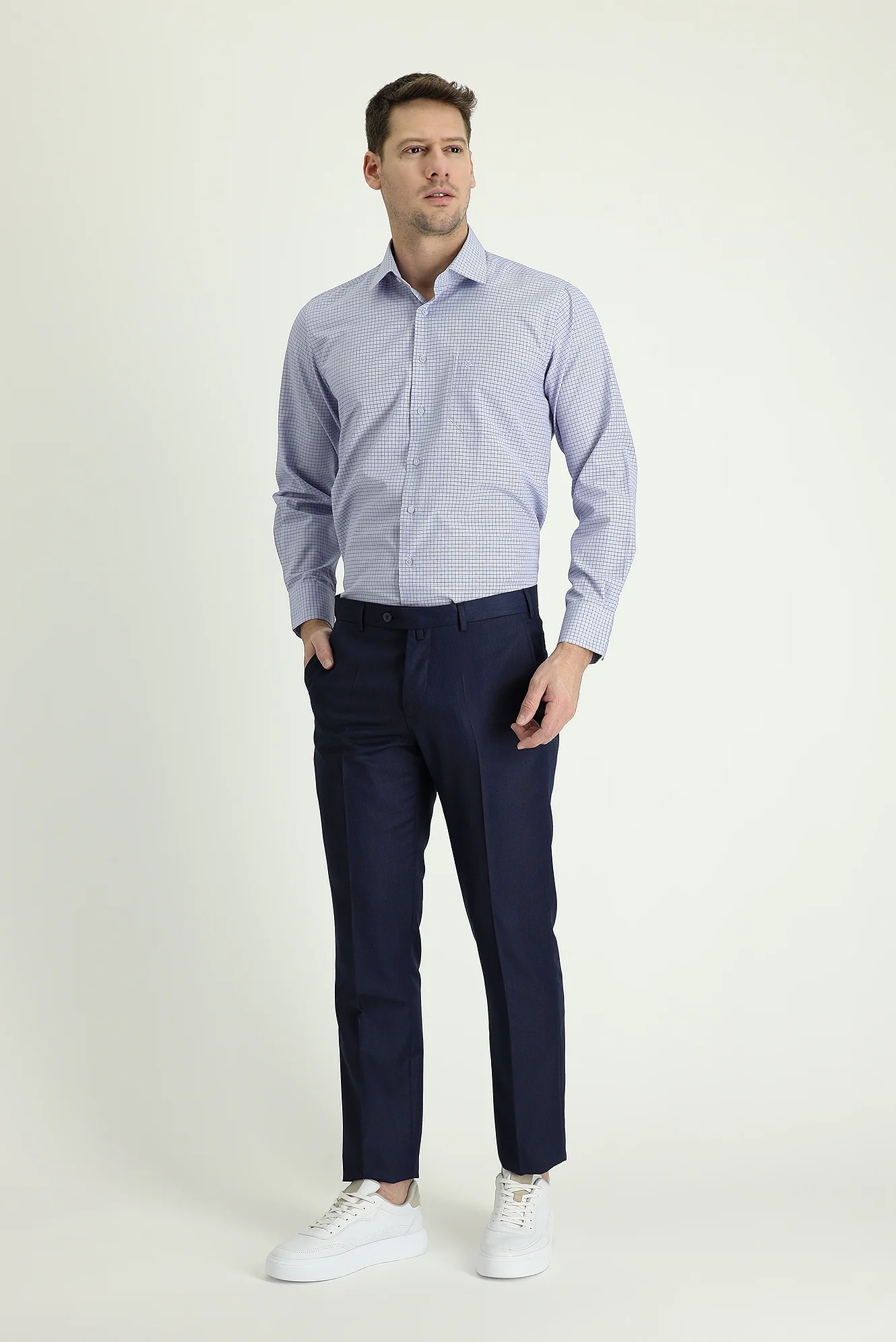 Koyu Lacivert 4 Drop Relaxed Fit Rahat Kesim Klasik Desenli Kumaş Pantolon - Image 2