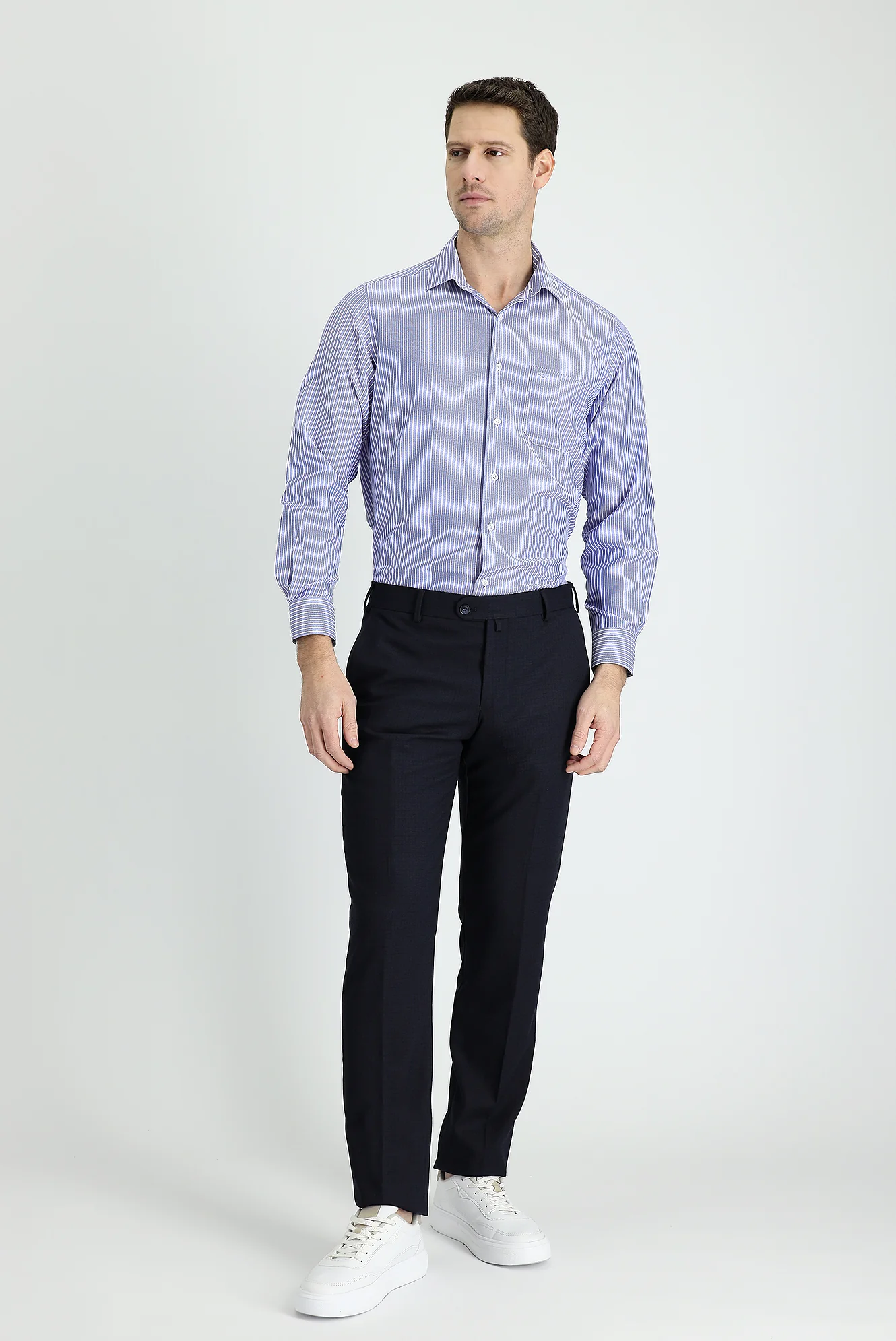Koyu Lacivert 4 Drop Relaxed Fit Rahat Kesim Klasik Desenli Likralı Kumaş Pantolon - Image 2
