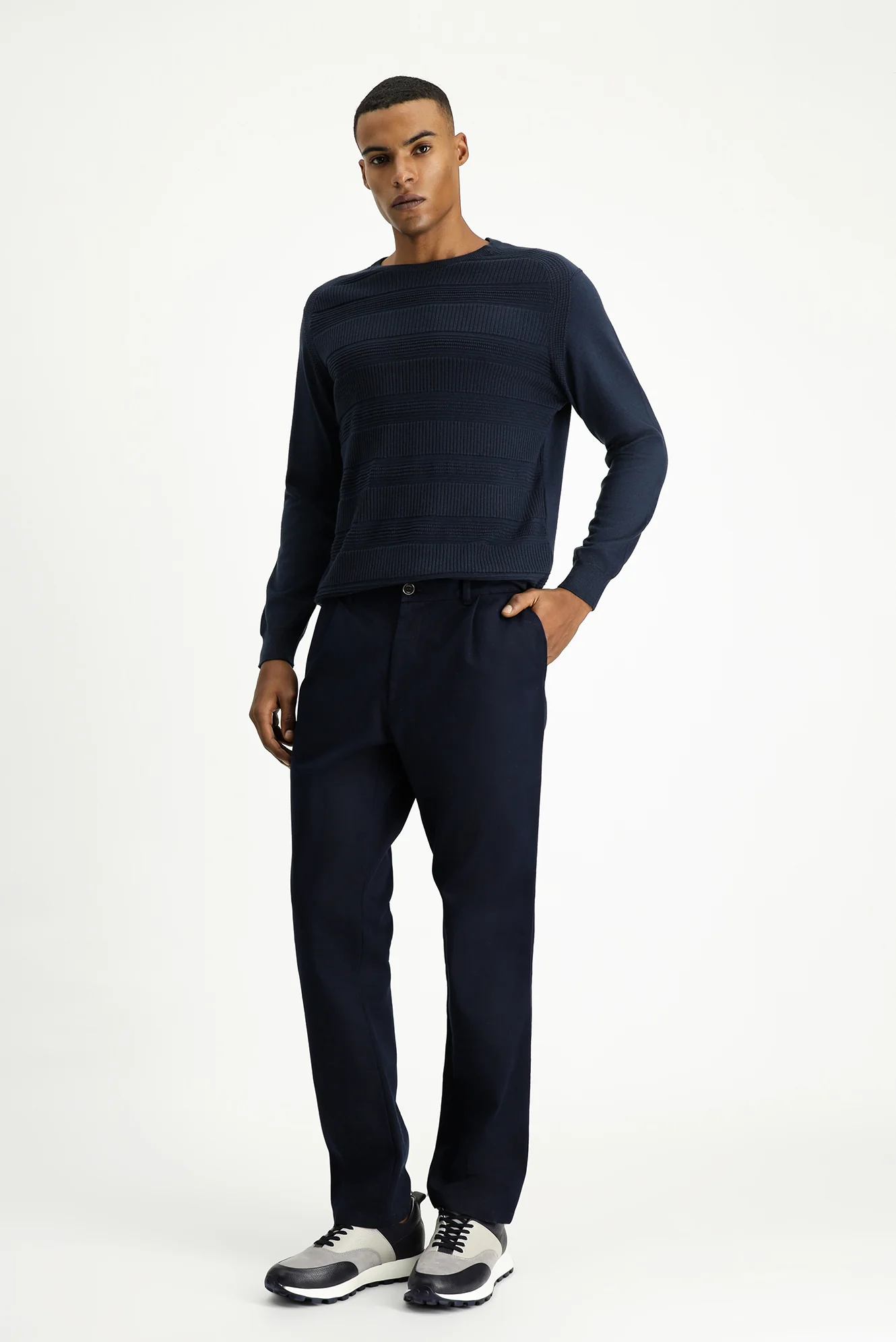 Koyu Lacivert Relaxed Fit Rahat Kesim Likralı Pileli Kanvas / Chino Pantolon