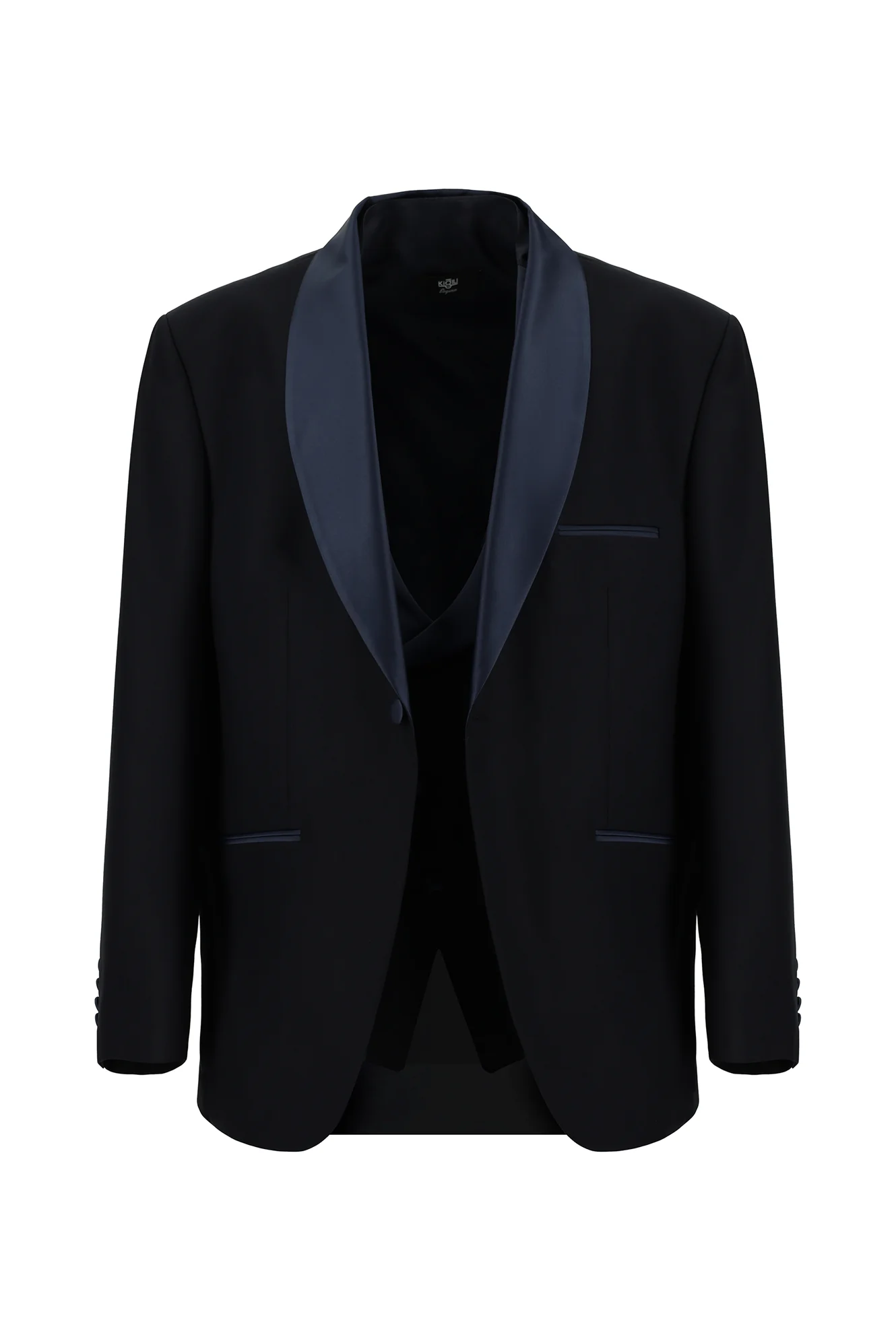 Koyu Lacivert 4 Drop Relaxed Fit Rahat Kesim Şal Yaka Yelekli Smokin & Damatlık - Image 2