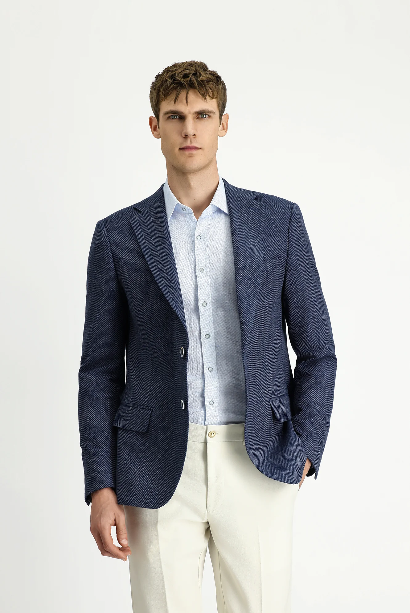 Koyu Lacivert 4 Drop Relaxed Fit Rahat Kesim Yünlü Desenli Ceket - Image 5