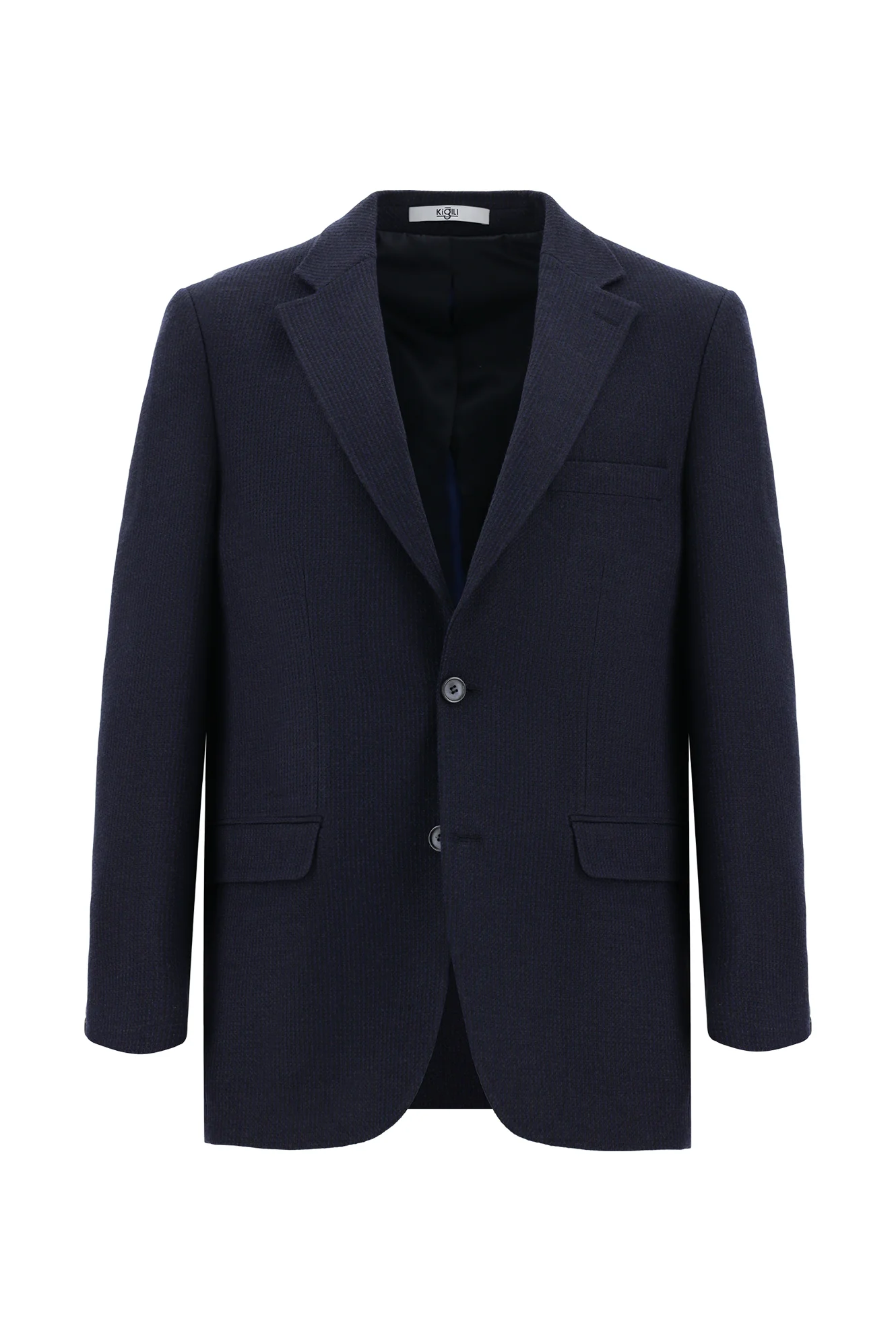 Koyu Lacivert 4 Drop Relaxed Fit Rahat Kesim Yünlü Desenli Klasik Ceket