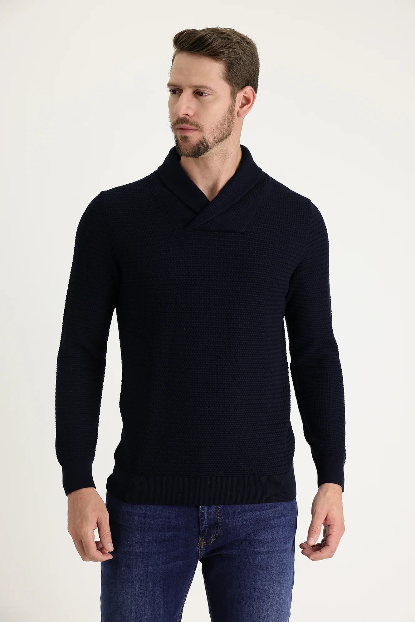 Koyu Lacivert Şal Yaka Slim Fit Dar Kesim Desenli Pamuklu Triko Kazak - Image 2