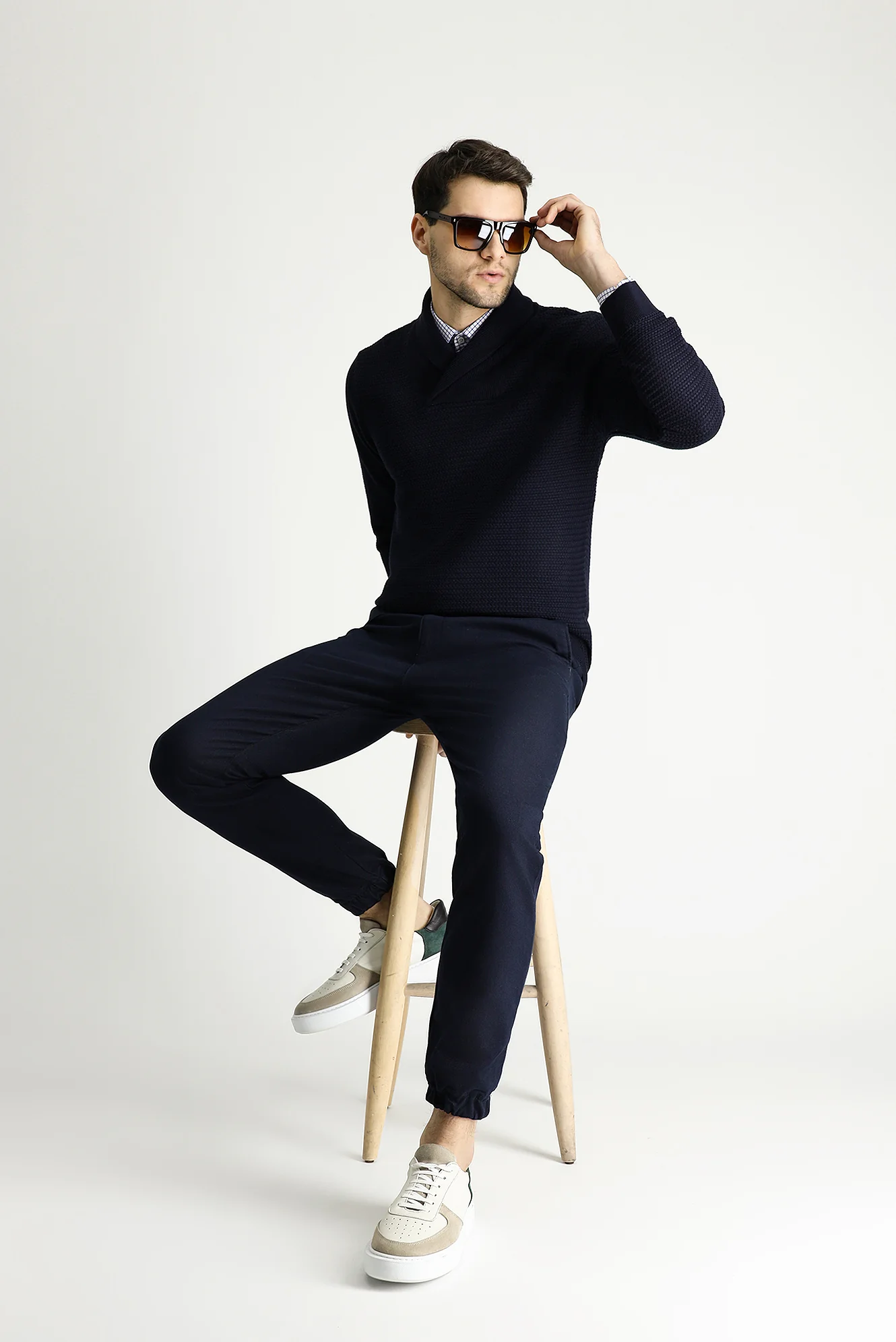 Koyu Lacivert Şal Yaka Slim Fit Dar Kesim Desenli Pamuklu Triko Kazak