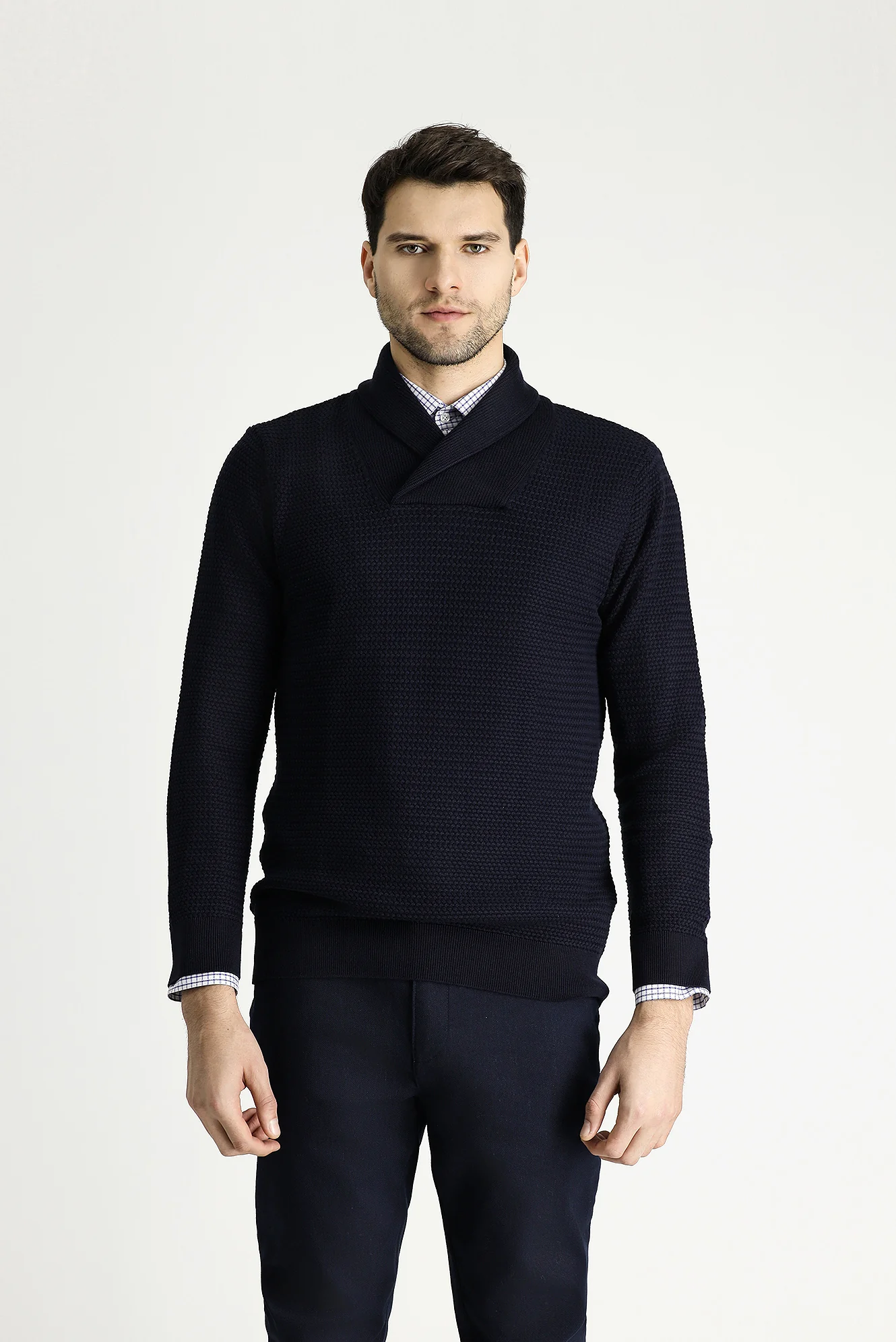 Koyu Lacivert Şal Yaka Slim Fit Dar Kesim Desenli Pamuklu Triko Kazak - Image 3