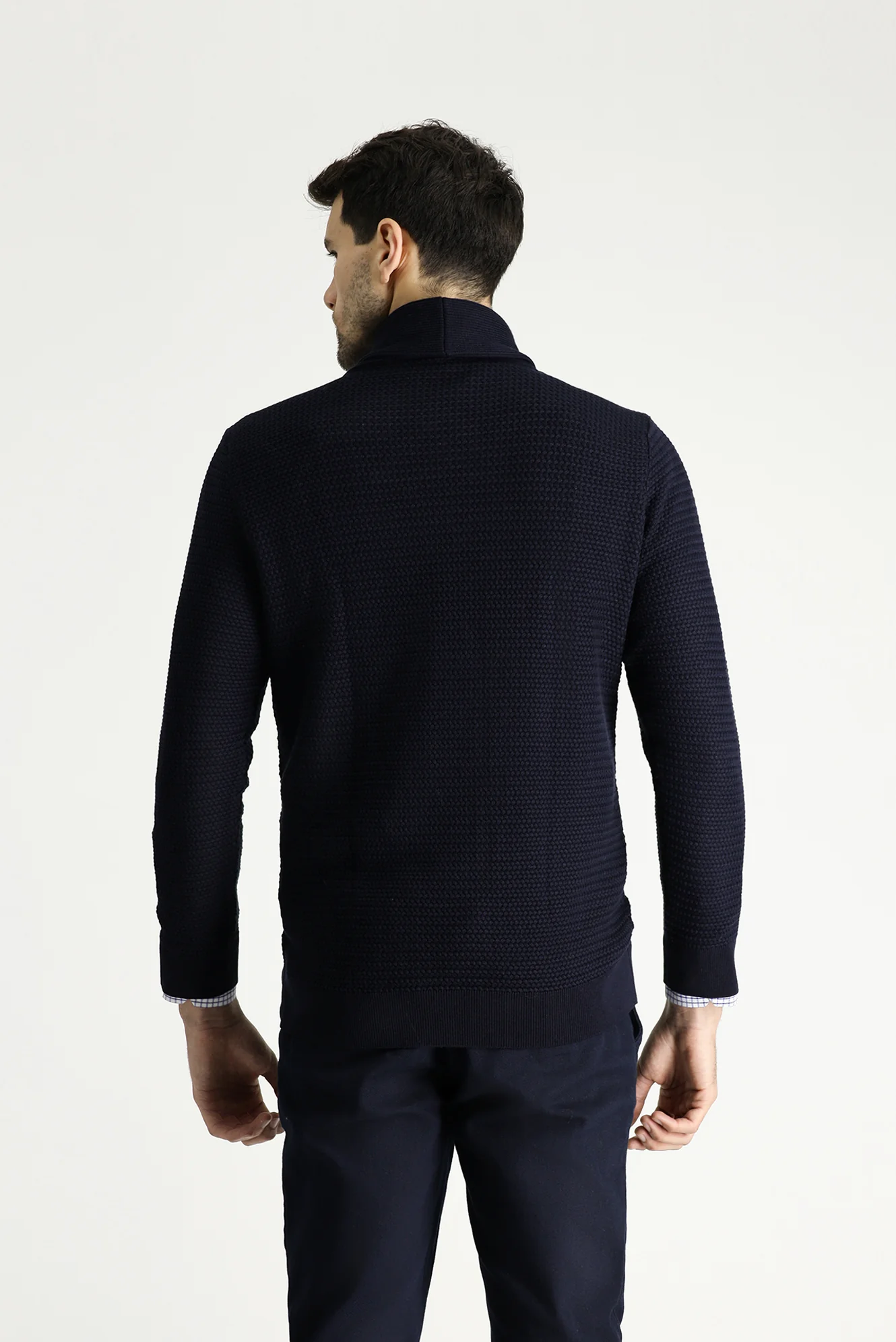 Koyu Lacivert Şal Yaka Slim Fit Dar Kesim Desenli Pamuklu Triko Kazak - Image 4