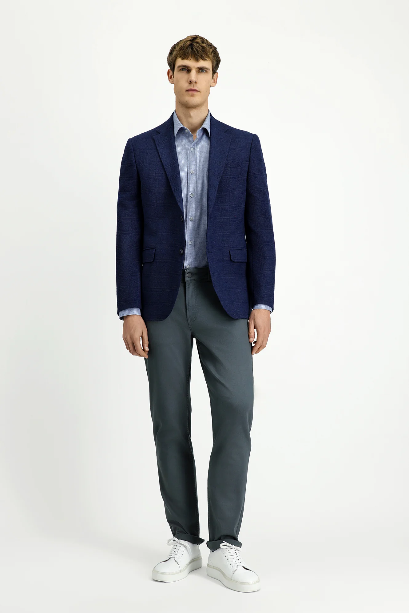 Koyu Lacivert 7 Drop Slim Fit Dar Kesim Klasik Ekose Ceket - Image 2