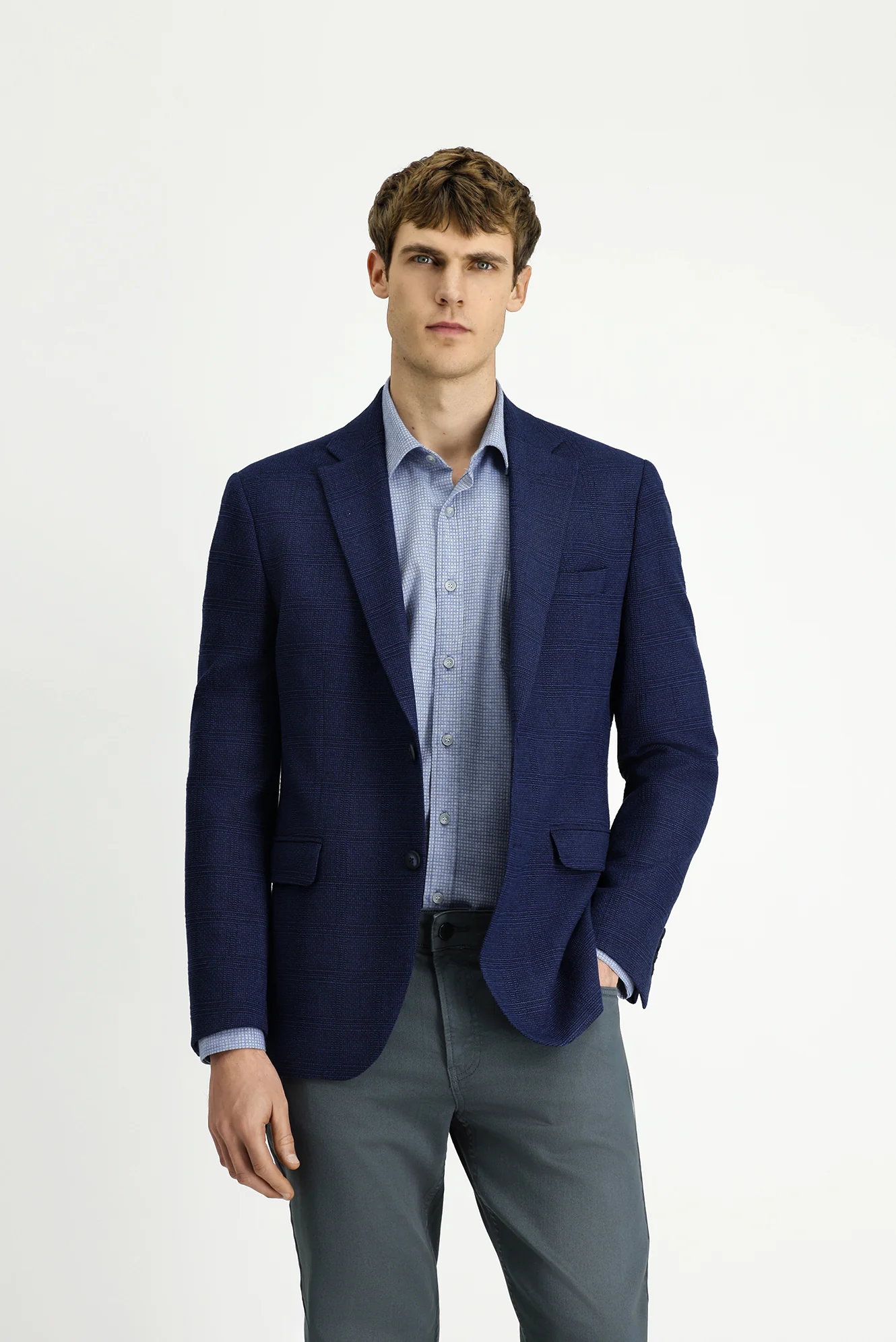 Koyu Lacivert 7 Drop Slim Fit Dar Kesim Klasik Ekose Ceket - Image 3