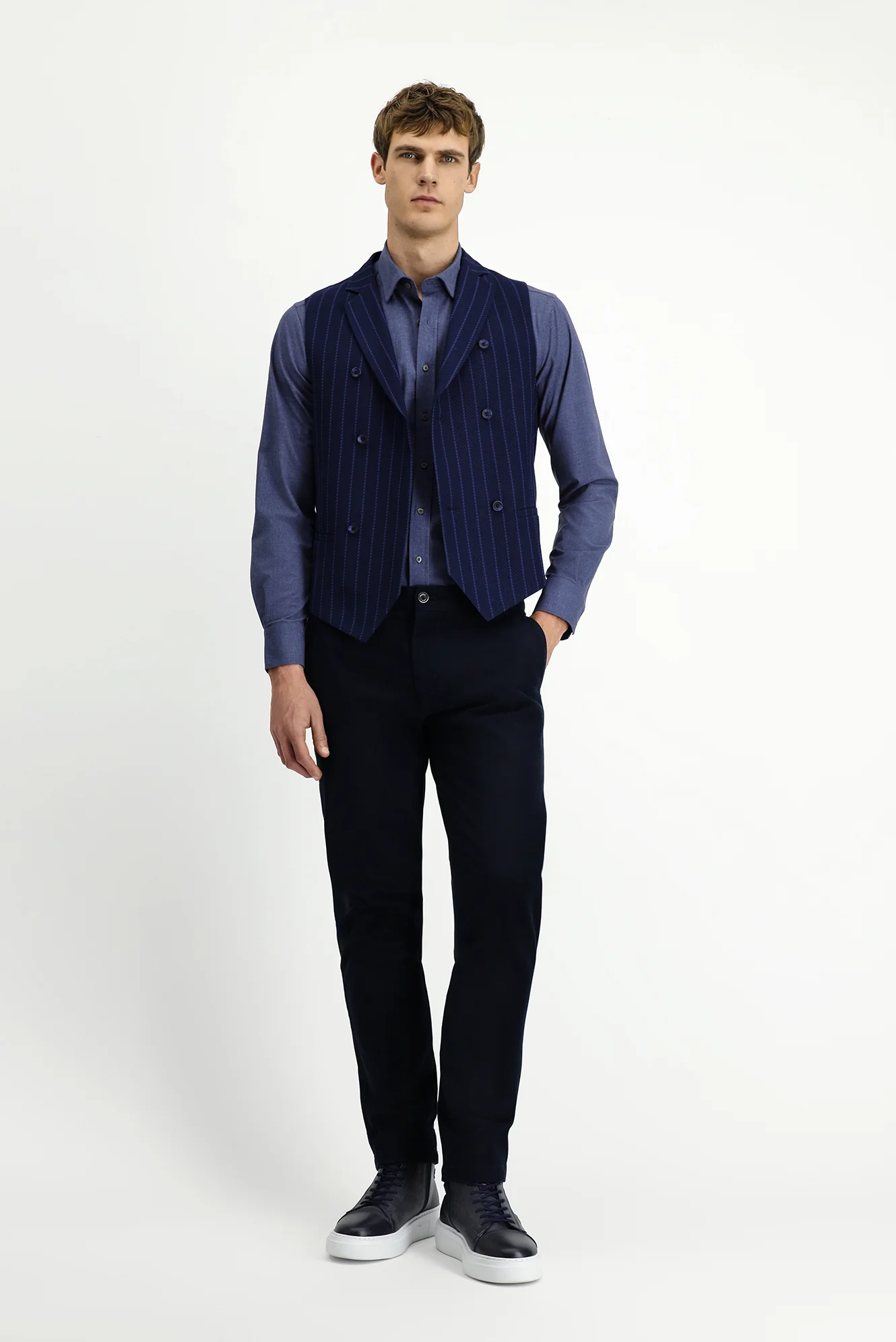 Koyu Lacivert Slim Fit Dar Kesim Çizgili Klasik Kruvaze Yelek - Image 3