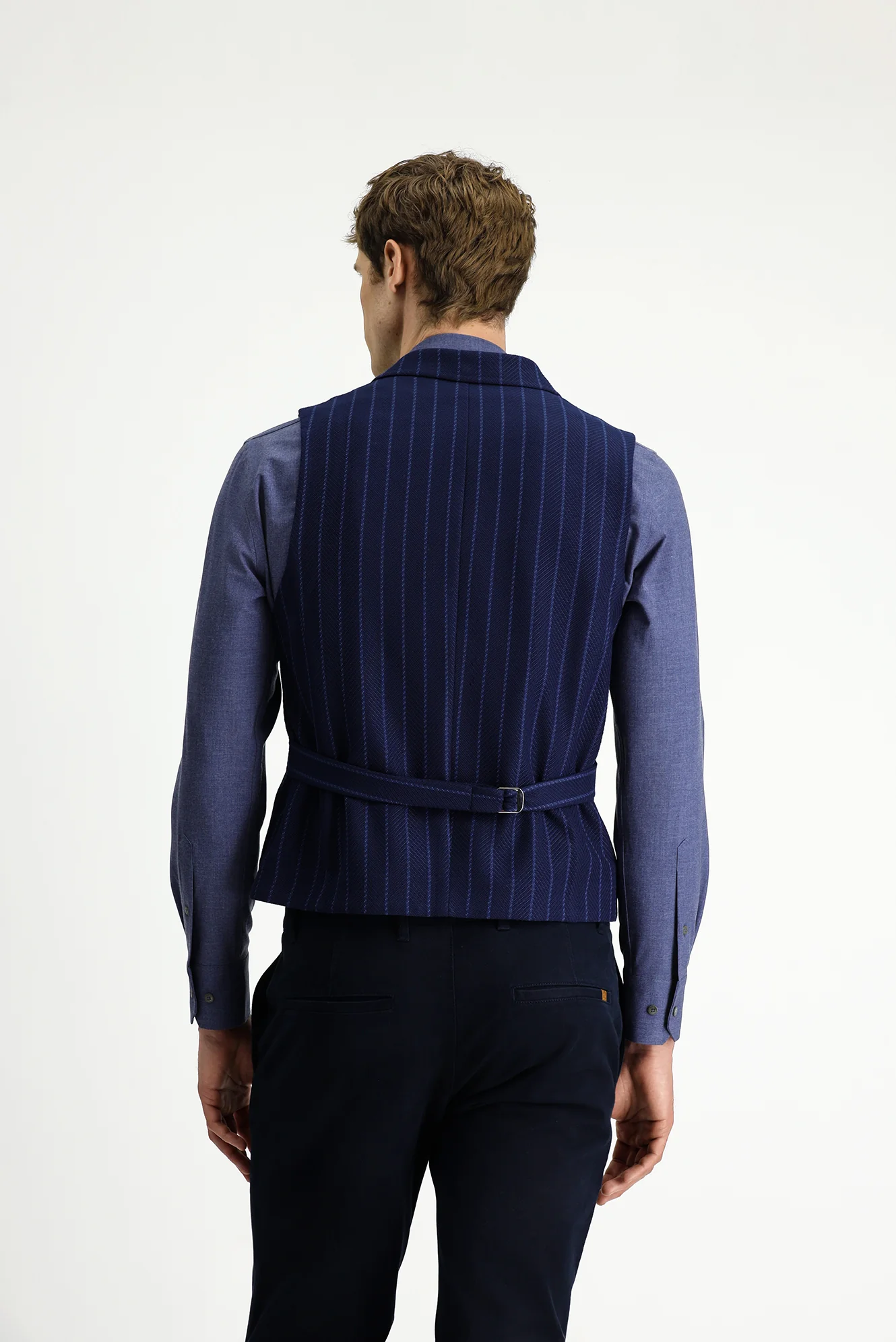 Koyu Lacivert Slim Fit Dar Kesim Çizgili Klasik Kruvaze Yelek - Image 4