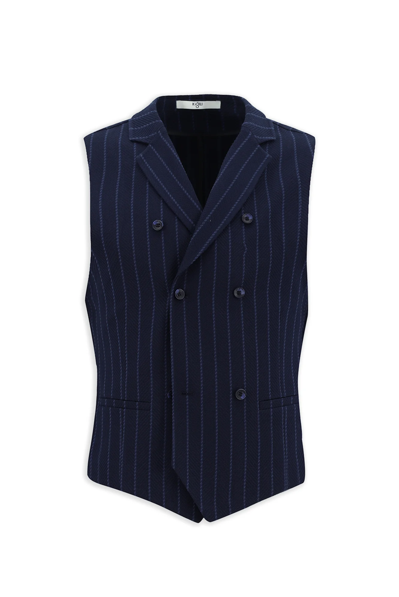 Koyu Lacivert Slim Fit Dar Kesim Çizgili Klasik Kruvaze Yelek - Image 7