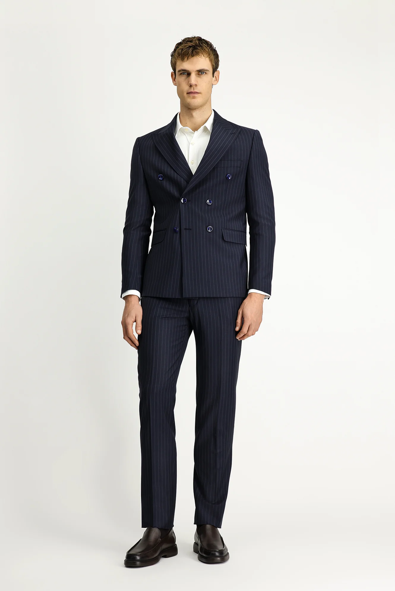 Koyu Lacivert 7 Drop Slim Fit Dar Kesim Çizgili Yünlü Beli Lastikli Kruvaze Takım Elbise