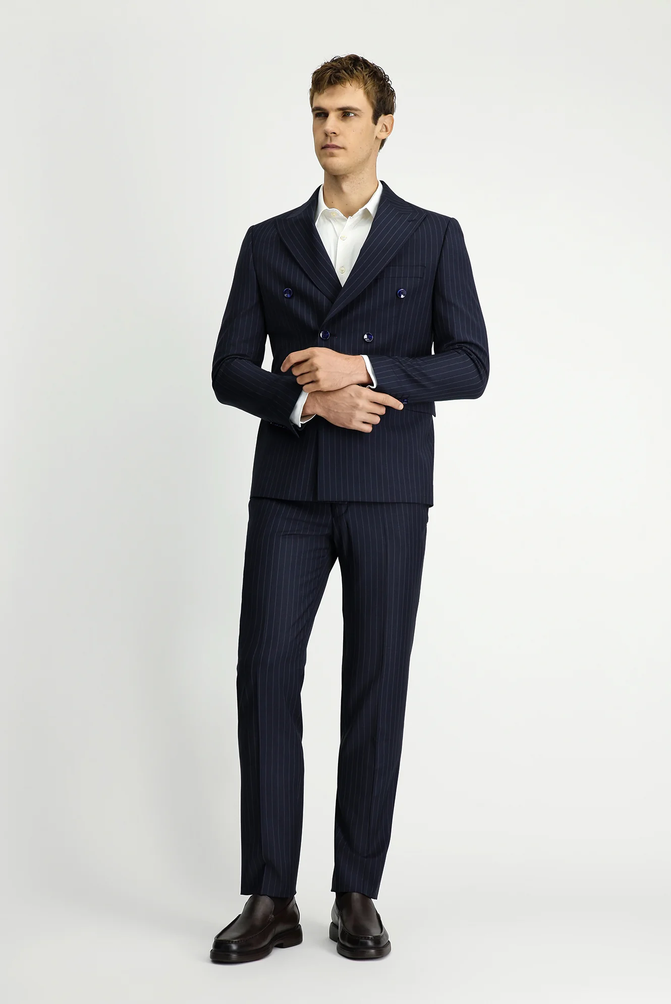 Koyu Lacivert 7 Drop Slim Fit Dar Kesim Çizgili Yünlü Beli Lastikli Kruvaze Takım Elbise - Image 2