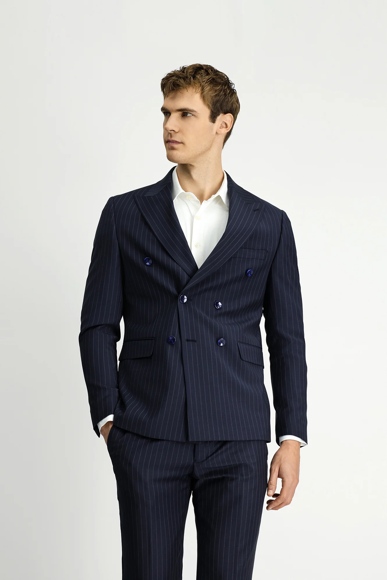 Koyu Lacivert 7 Drop Slim Fit Dar Kesim Çizgili Yünlü Beli Lastikli Kruvaze Takım Elbise - Image 3