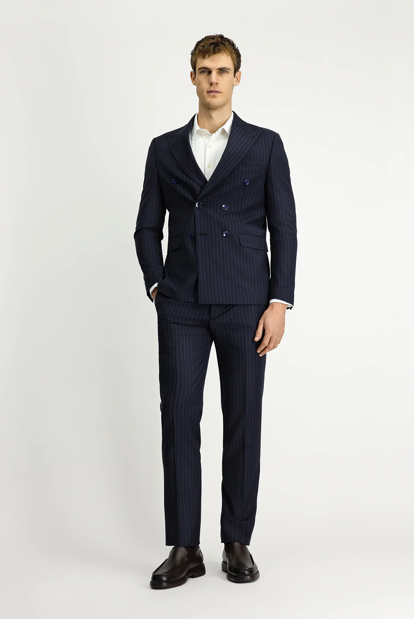 Koyu Lacivert 7 Drop Slim Fit Dar Kesim Çizgili Yünlü Beli Lastikli Kruvaze Takım Elbise - Image 4