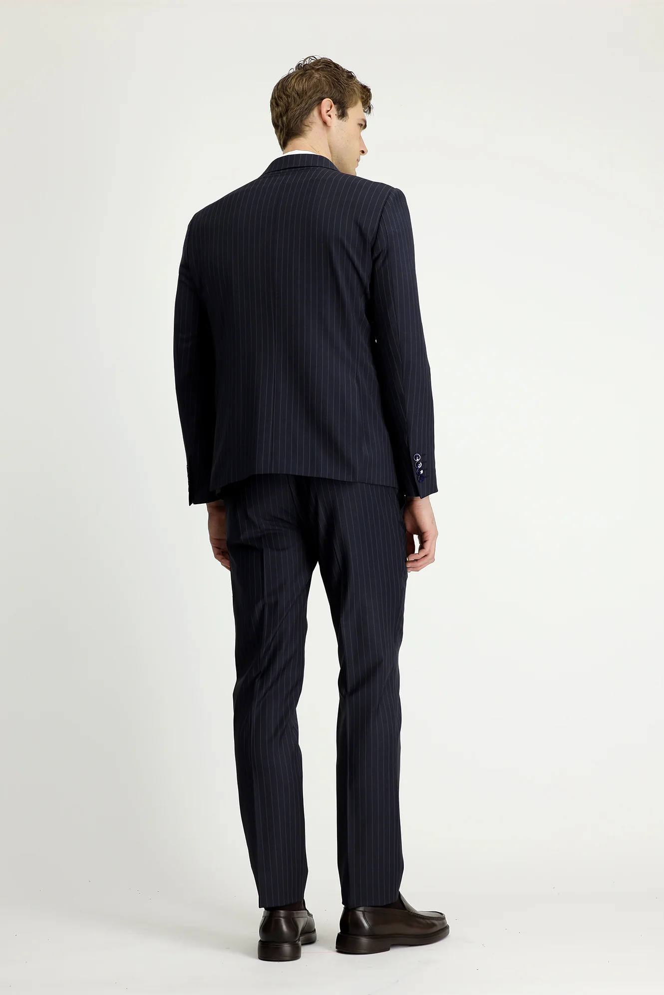 Koyu Lacivert 7 Drop Slim Fit Dar Kesim Çizgili Yünlü Beli Lastikli Kruvaze Takım Elbise - Image 5