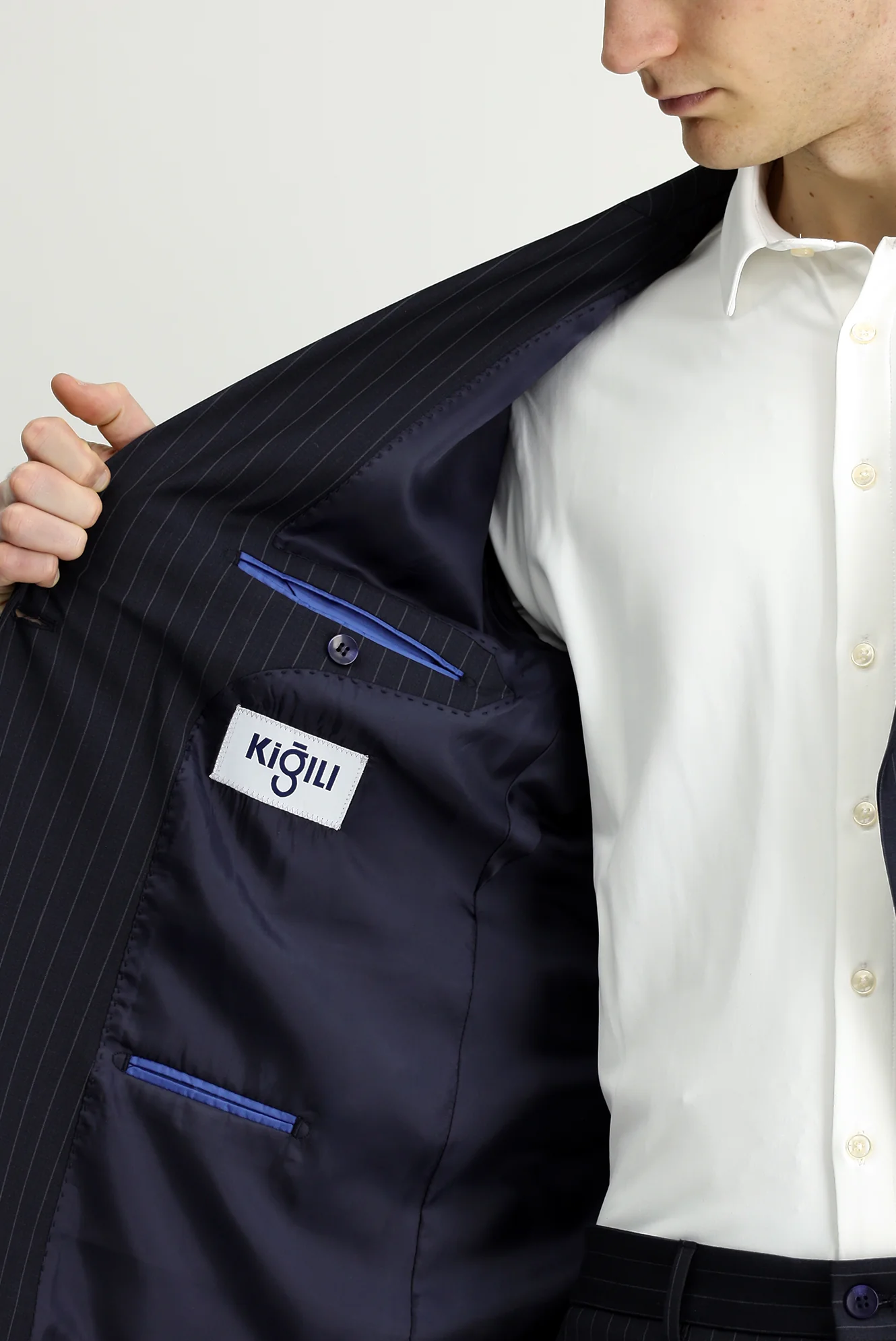 Koyu Lacivert 7 Drop Slim Fit Dar Kesim Çizgili Yünlü Beli Lastikli Kruvaze Takım Elbise - Image 6
