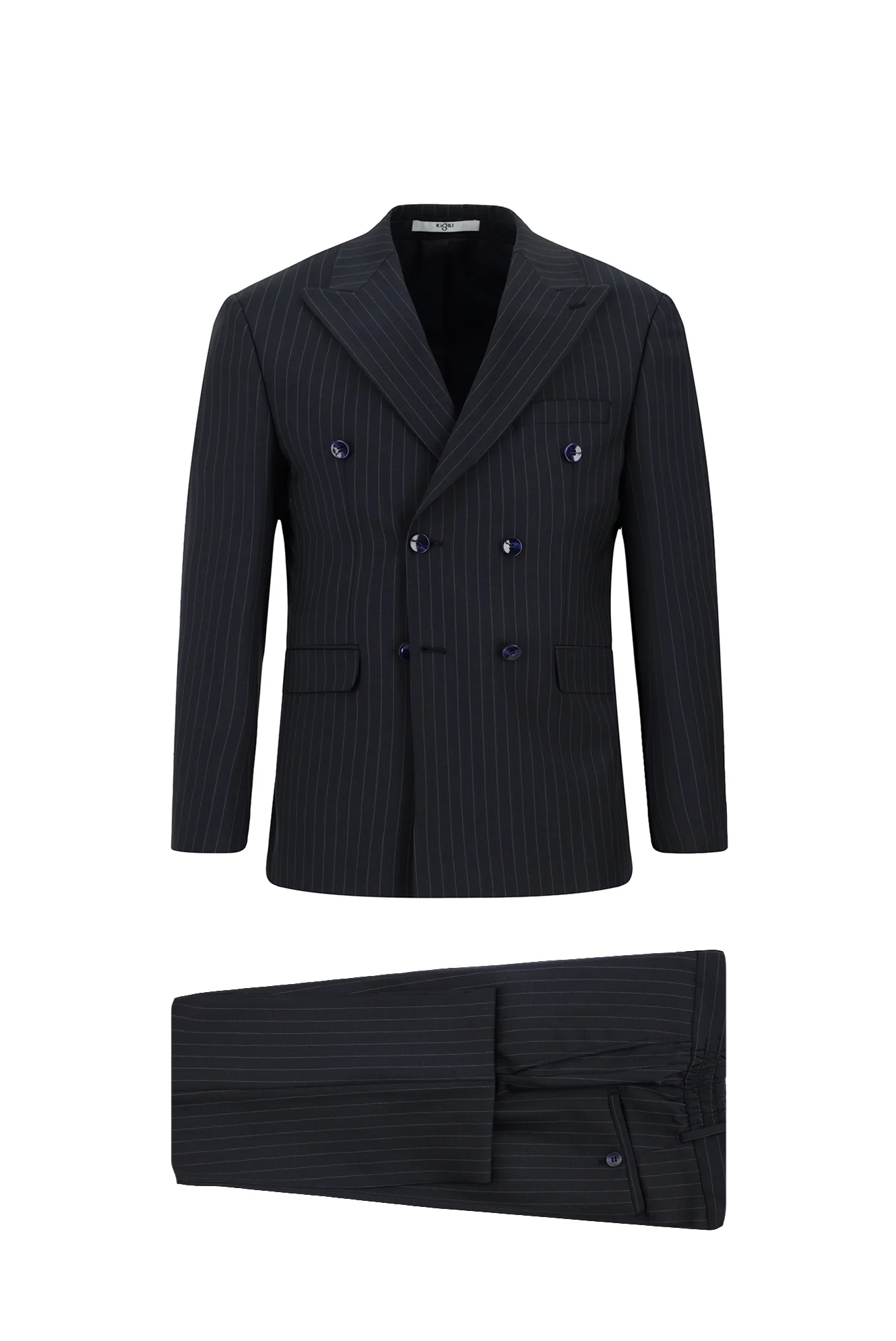 Koyu Lacivert 7 Drop Slim Fit Dar Kesim Çizgili Yünlü Beli Lastikli Kruvaze Takım Elbise - Image 7