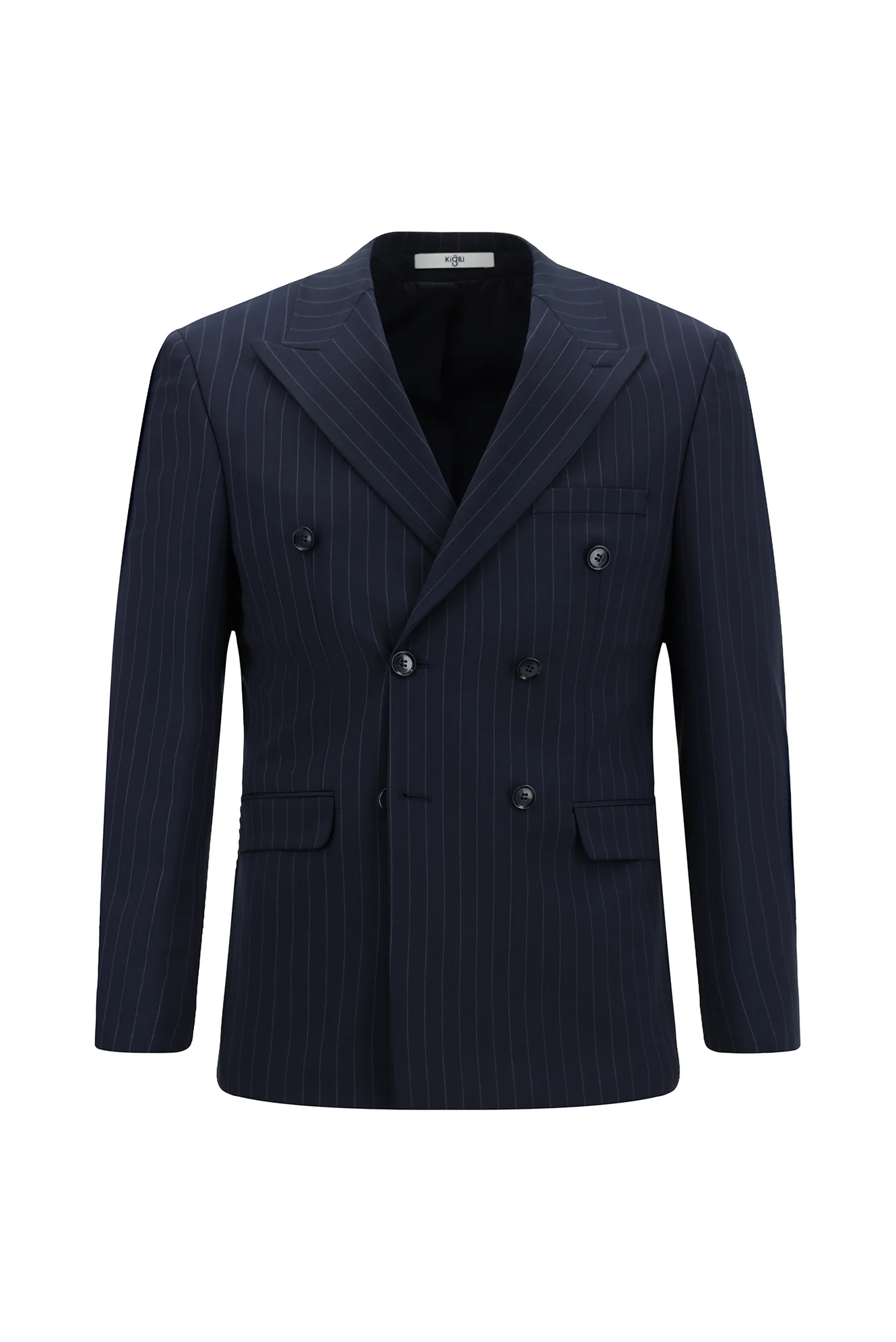 Koyu Lacivert 7 Drop Slim Fit Dar Kesim Yünlü Çizgili Kruvaze Takım Elbise - Image 8