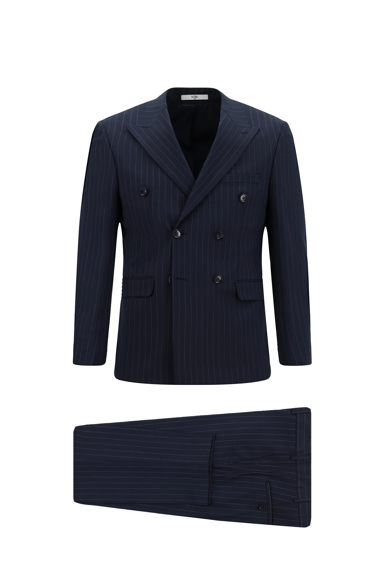 Koyu Lacivert 7 Drop Slim Fit Dar Kesim Yünlü Çizgili Kruvaze Takım Elbise - Image 9