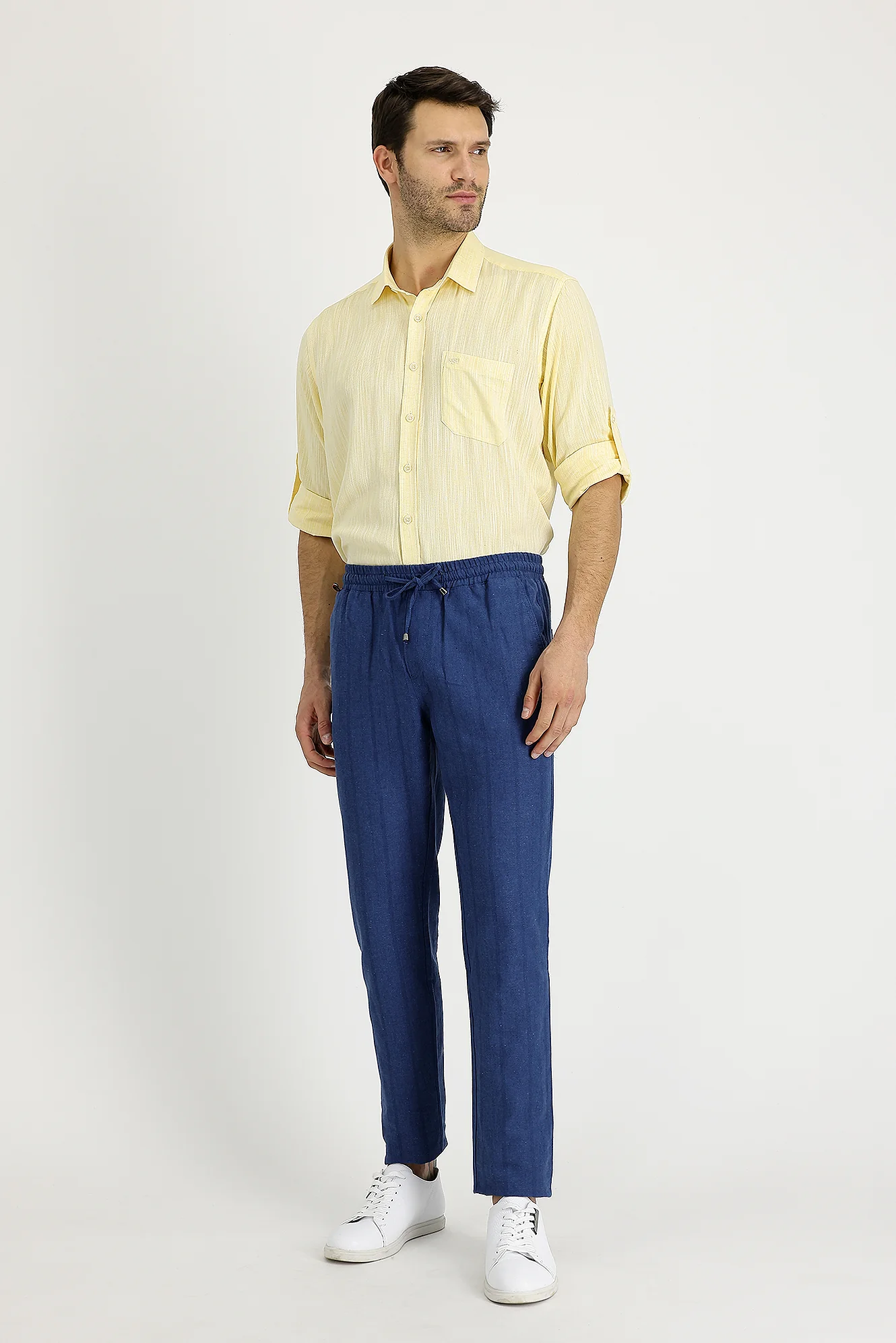 Koyu Lacivert Slim Fit Dar Kesim Beli Lastikli İpli Çizgili Keten Pantolon