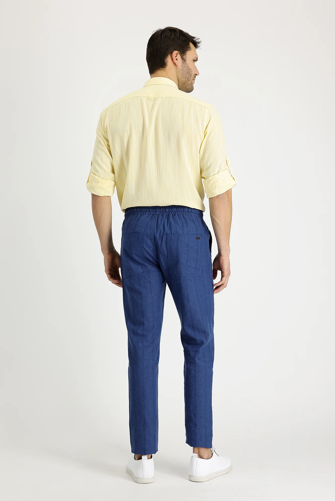 Koyu Lacivert Slim Fit Dar Kesim Beli Lastikli İpli Çizgili Keten Pantolon - Image 2