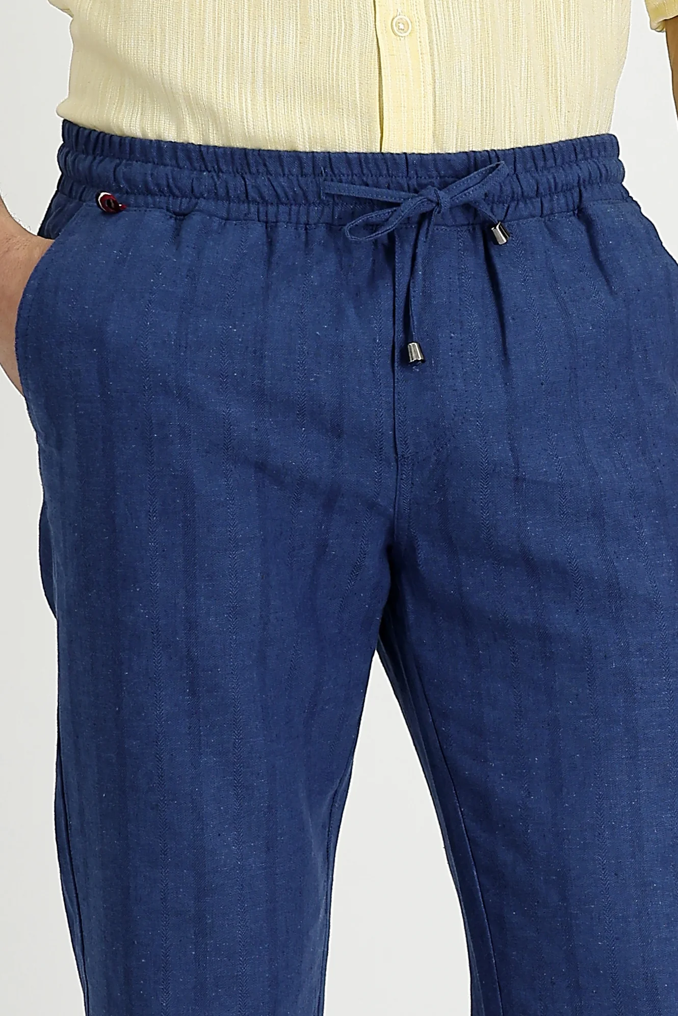 Koyu Lacivert Slim Fit Dar Kesim Beli Lastikli İpli Çizgili Keten Pantolon - Image 3