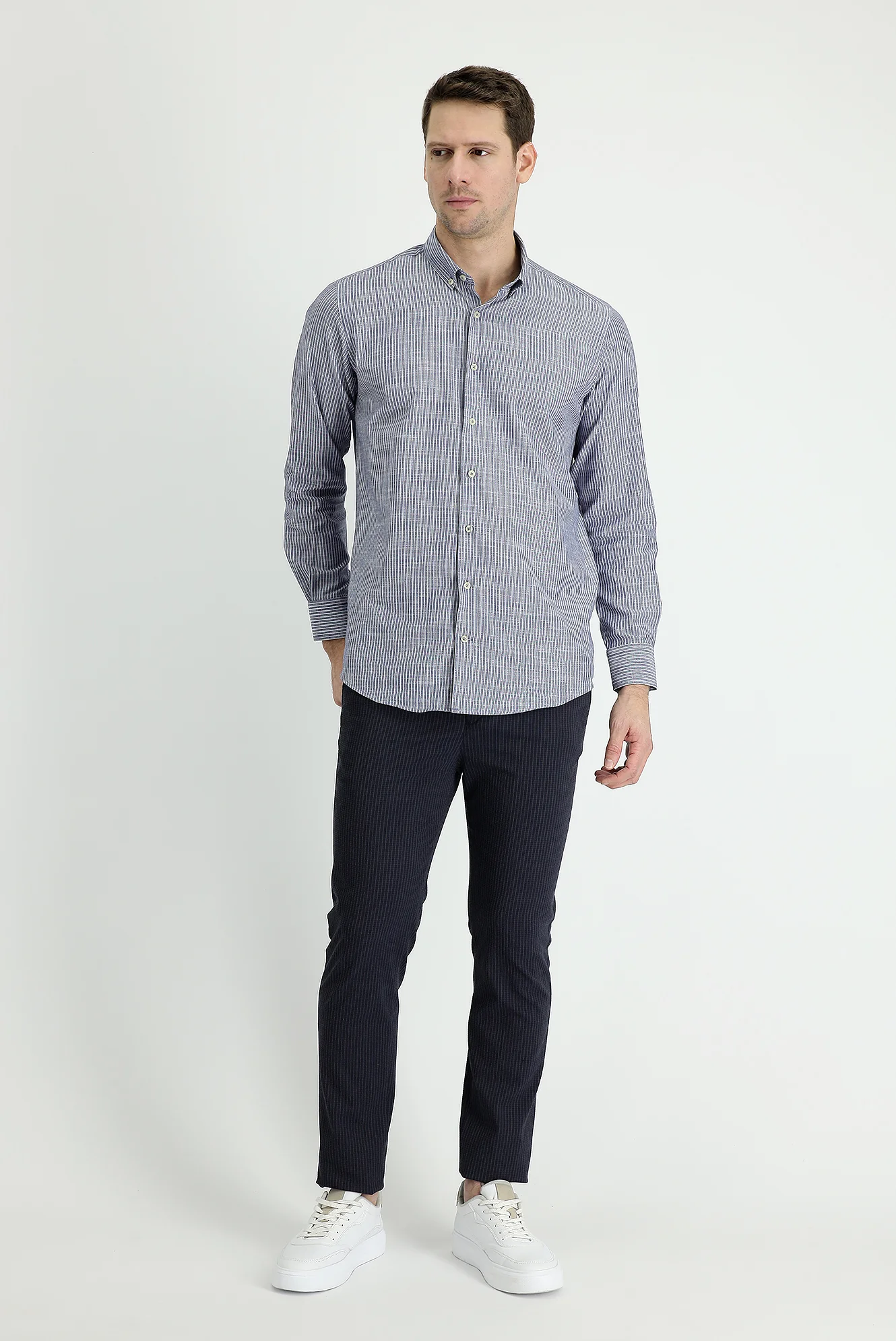 Koyu Lacivert 7 Drop Slim Fit Dar Kesim Beli Lastikli İpli Çizgili Likralı Klasik Kumaş Pantolon