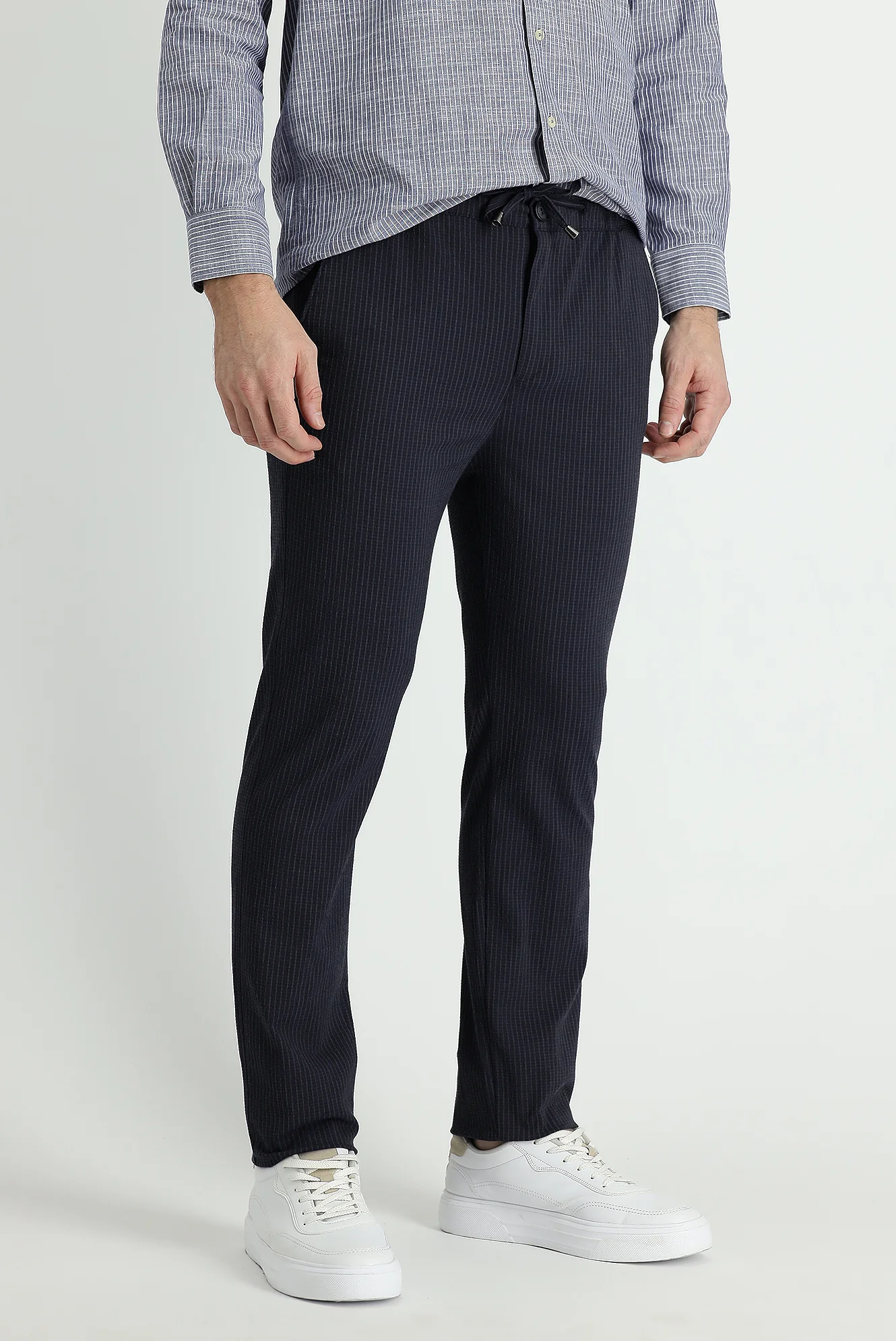 Koyu Lacivert 7 Drop Slim Fit Dar Kesim Beli Lastikli İpli Çizgili Likralı Klasik Kumaş Pantolon - Image 2