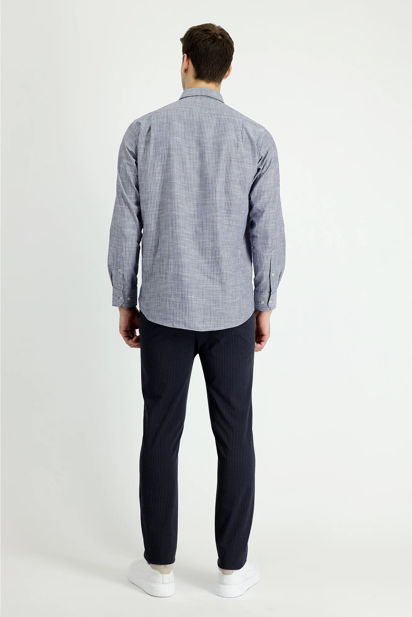 Koyu Lacivert 7 Drop Slim Fit Dar Kesim Beli Lastikli İpli Çizgili Likralı Klasik Kumaş Pantolon - Image 3