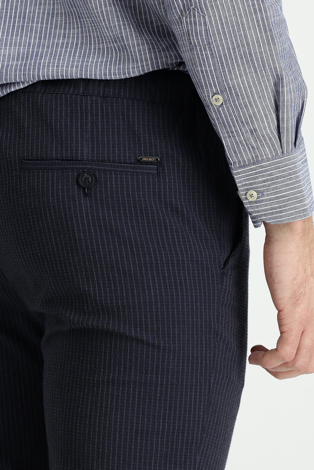 Koyu Lacivert 7 Drop Slim Fit Dar Kesim Beli Lastikli İpli Çizgili Likralı Klasik Kumaş Pantolon - Image 4
