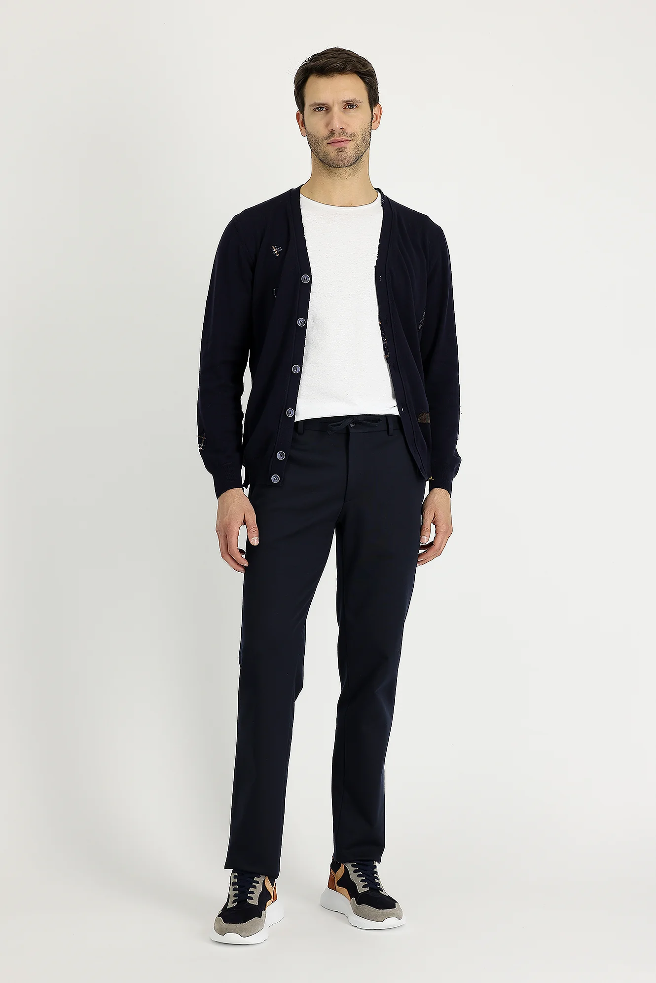 Koyu Lacivert 7 Drop Slim Fit Dar Kesim Beli Lastikli İpli Desenli Likralı Kumaş Pantolon