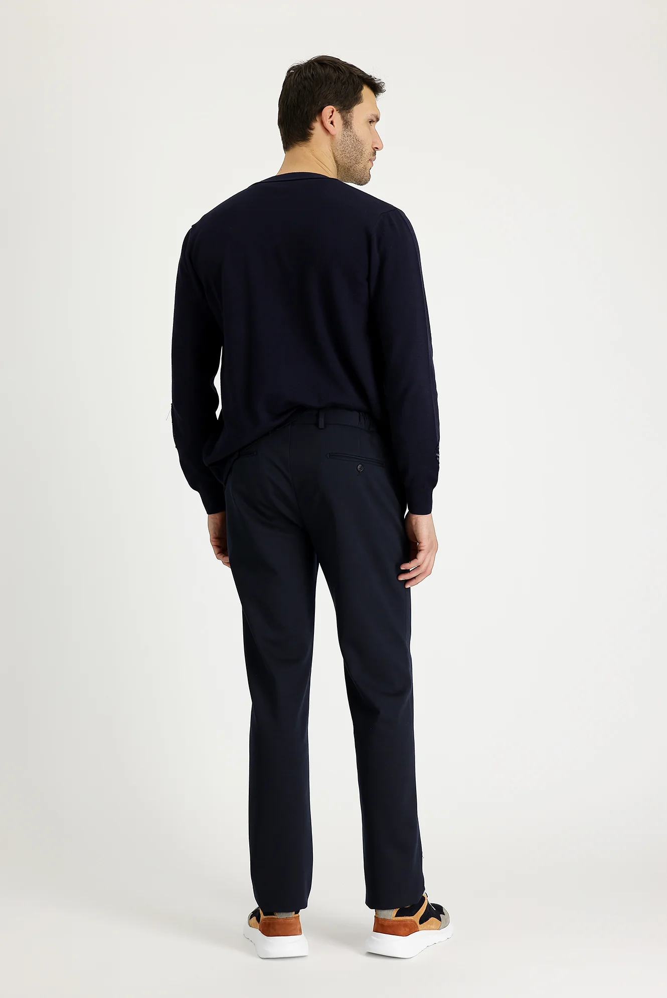 Koyu Lacivert 7 Drop Slim Fit Dar Kesim Beli Lastikli İpli Desenli Likralı Kumaş Pantolon - Image 2