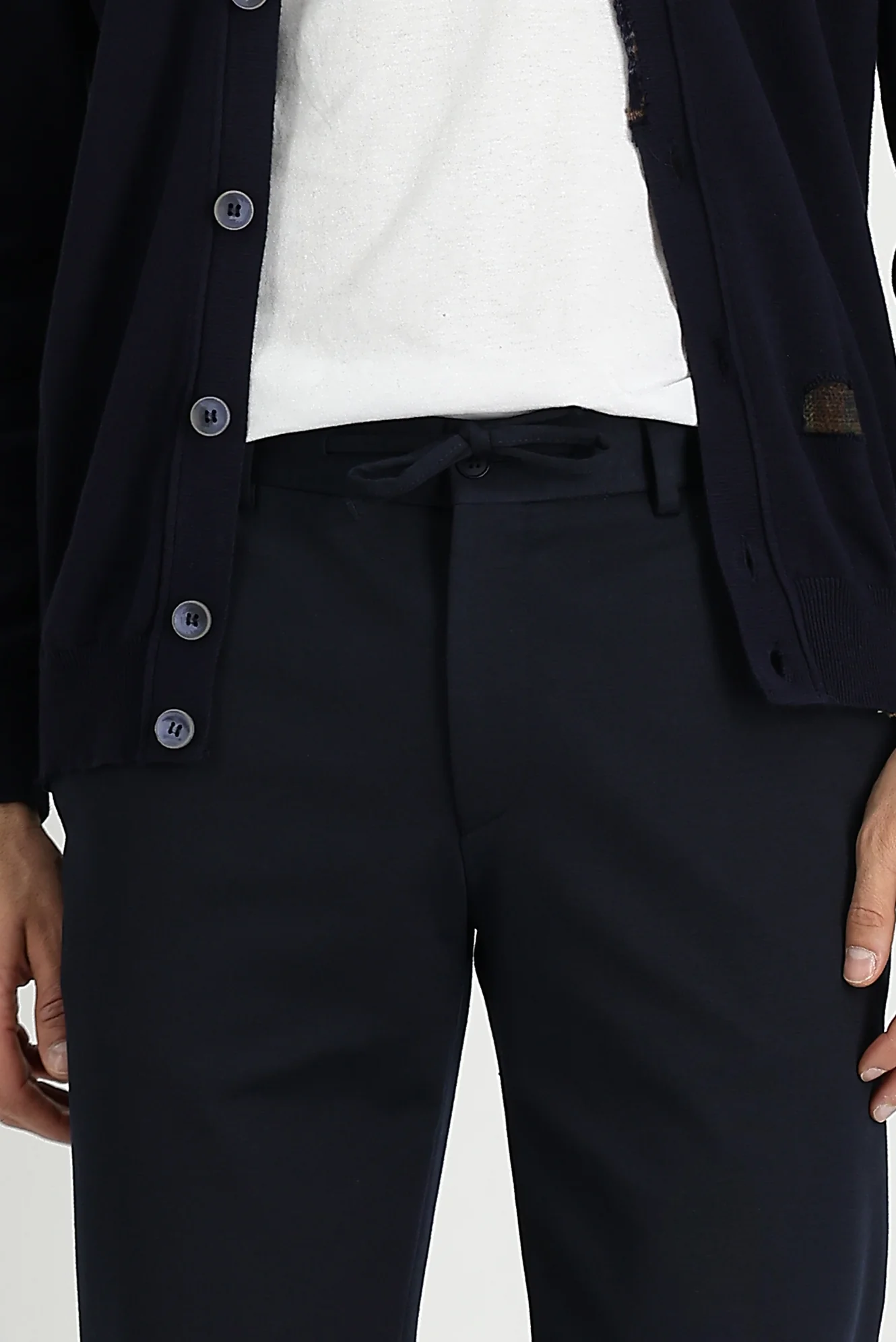 Koyu Lacivert 7 Drop Slim Fit Dar Kesim Beli Lastikli İpli Desenli Likralı Kumaş Pantolon - Image 3