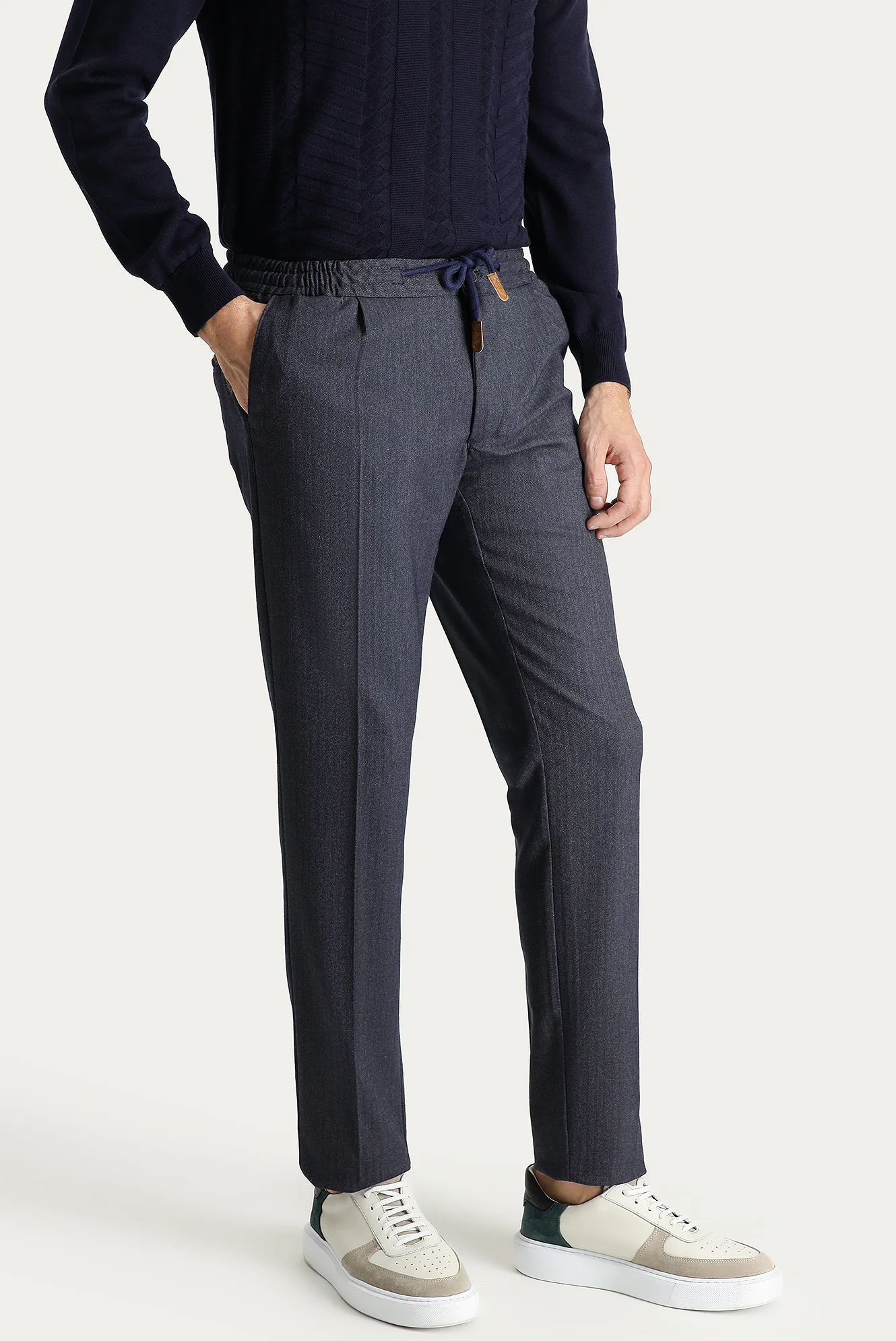 Koyu Lacivert Slim Fit Dar Kesim Beli Lastikli İpli Desenli Likralı Pantolon - Image 3