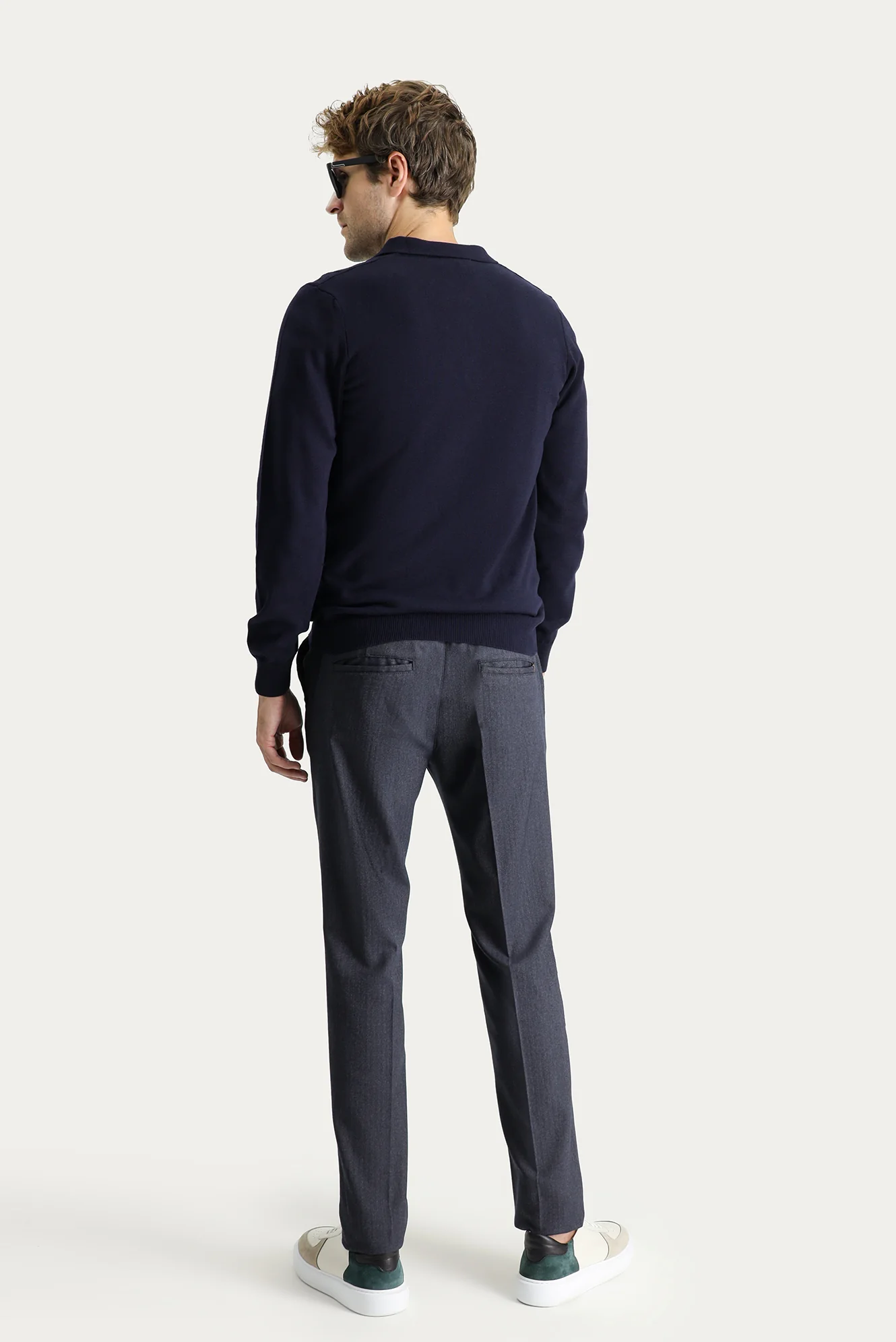 Koyu Lacivert Slim Fit Dar Kesim Beli Lastikli İpli Desenli Likralı Pantolon - Image 4